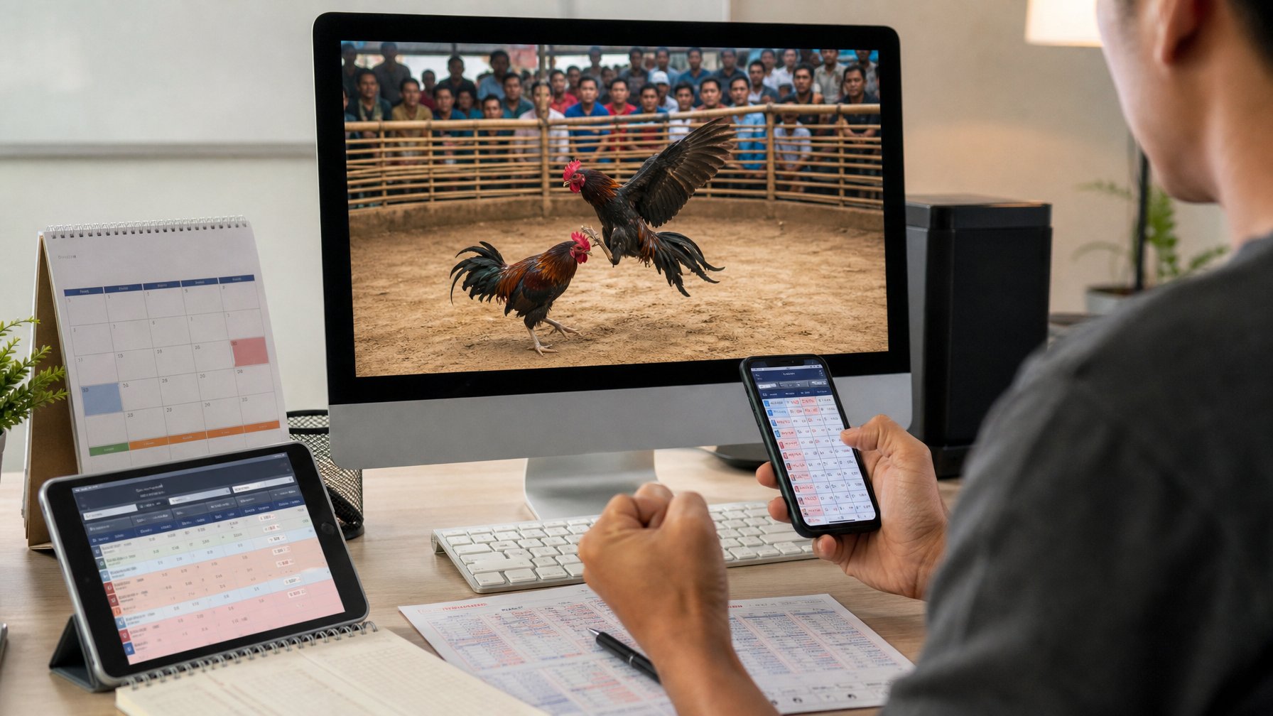 Seseorang menggunakan komputer dan ponsel untuk memasang taruhan sabung ayam online dengan siaran langsung dan jadwal pertandingan terbaru.