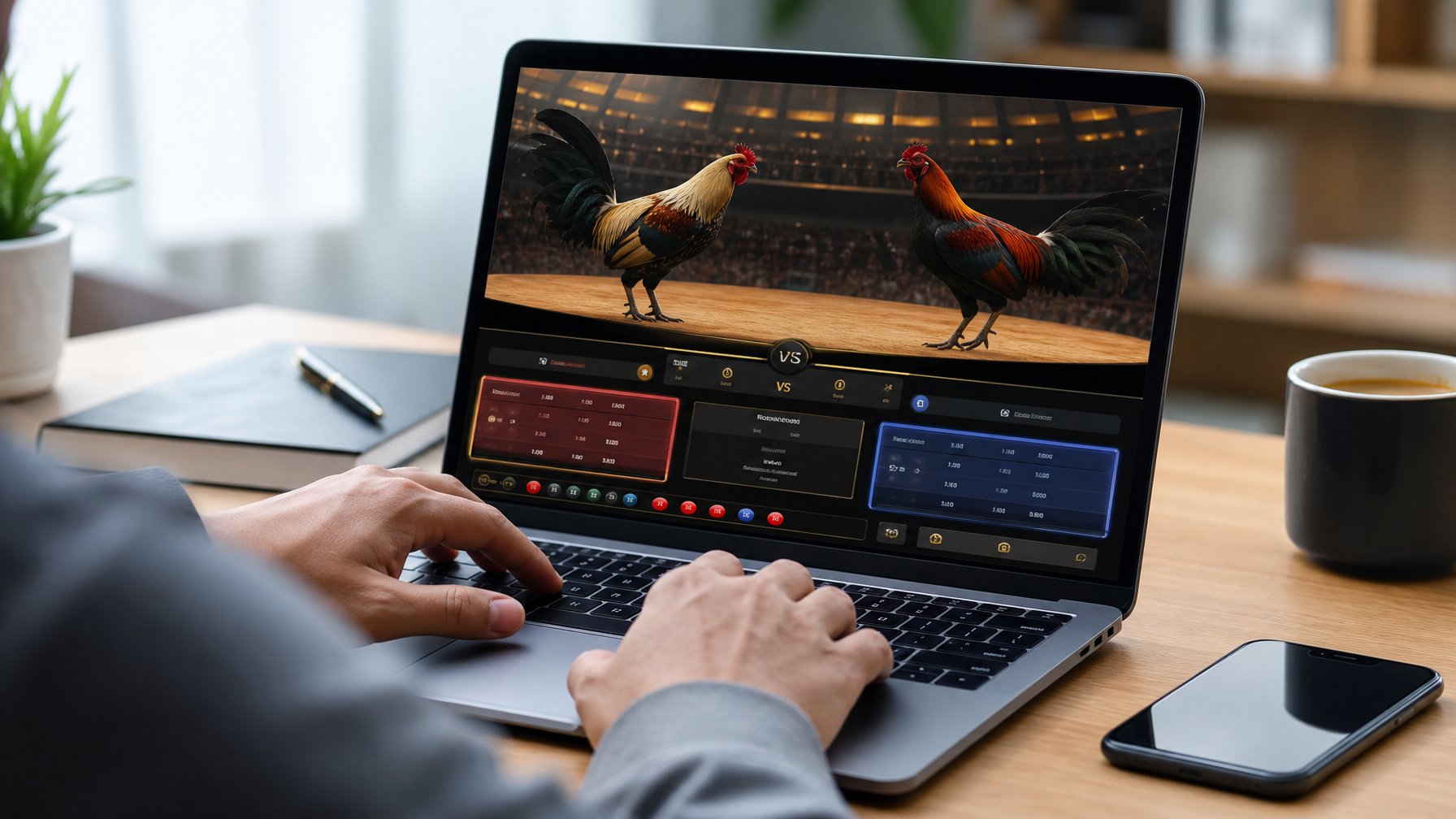 Seseorang sedang menggunakan laptop di meja kerja dengan ponsel dan kopi di sampingnya, menampilkan aktivitas memasang taruhan secara online.