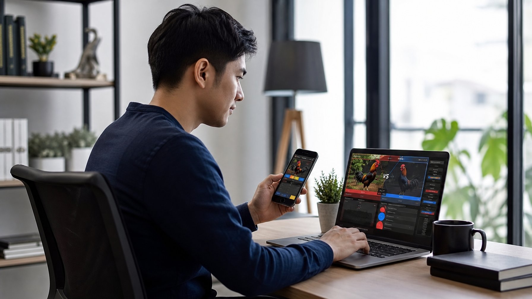Seseorang sedang menggunakan ponsel dan laptop di ruang kerja rumah yang terang untuk memasang taruhan secara online.
