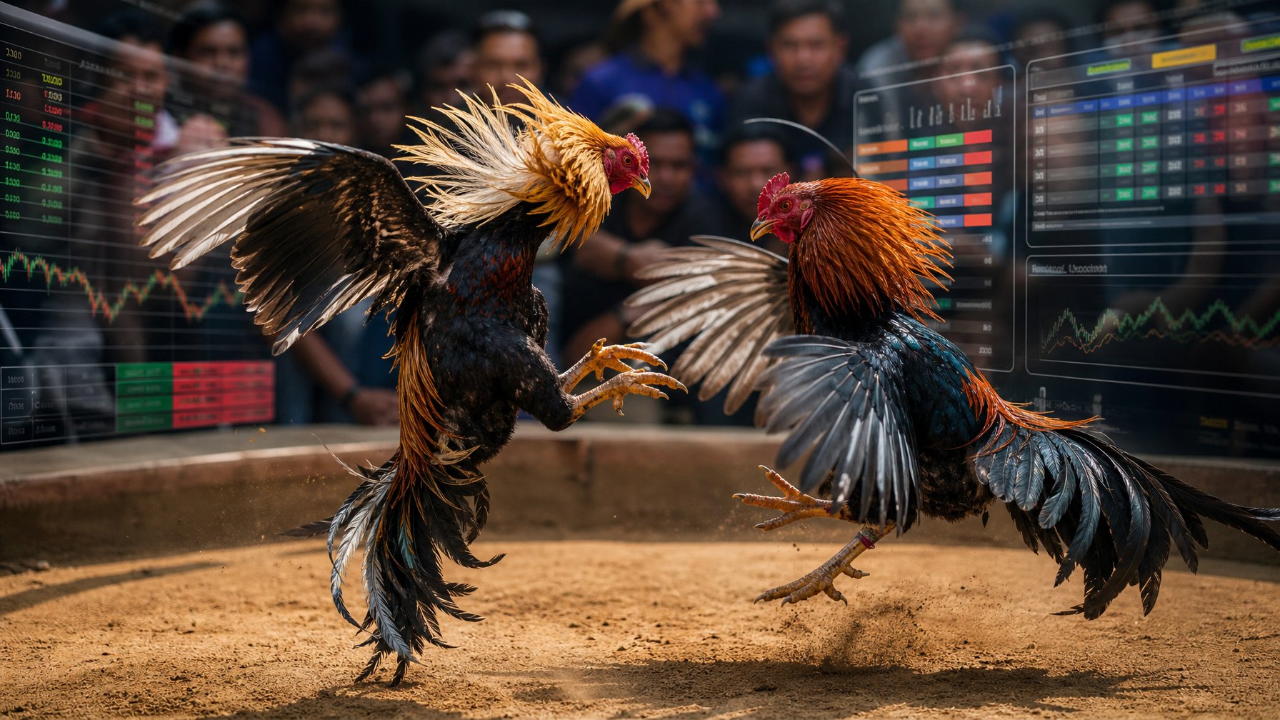 Dua ayam jago sedang bertarung di arena sabung ayam dengan latar belakang elemen yang menggambarkan taruhan dan pasar judi.