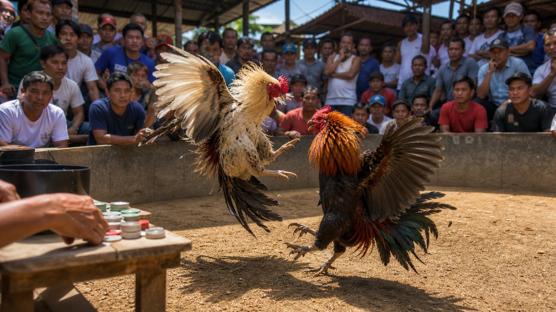 Dua ayam jago sedang bertarung di arena sabung ayam dengan penonton yang antusias mengamati dari sekeliling.