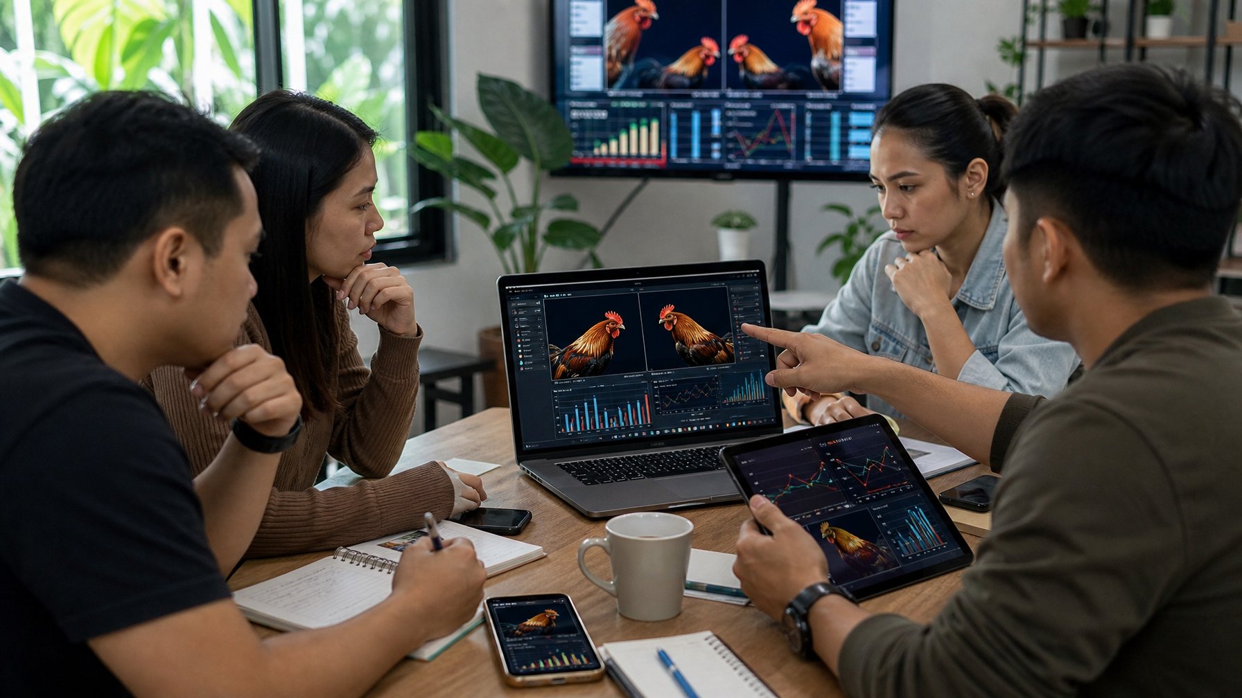 Beberapa orang duduk di sekitar meja dengan laptop dan tablet, menganalisis data pertandingan sabung ayam sambil berdiskusi serius.