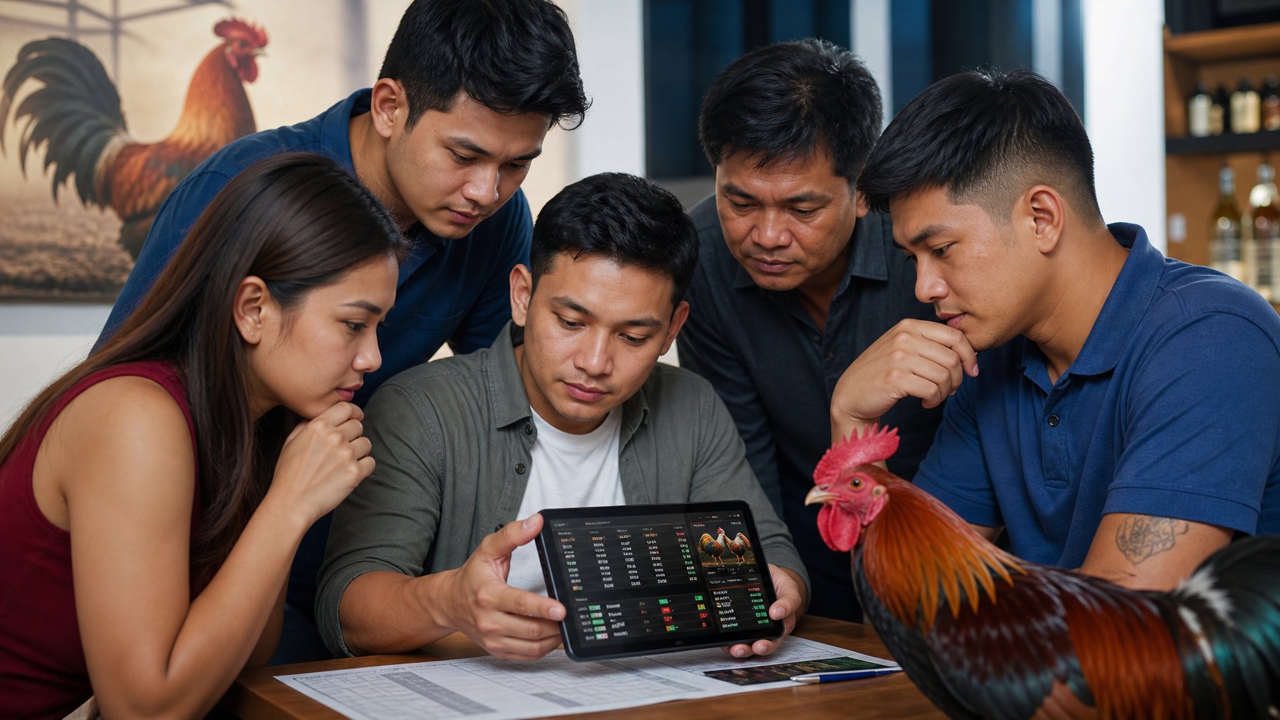 Sekelompok orang sedang berdiskusi dan melihat informasi taruhan sabung ayam pada perangkat digital dalam ruangan yang terang dan rapi.