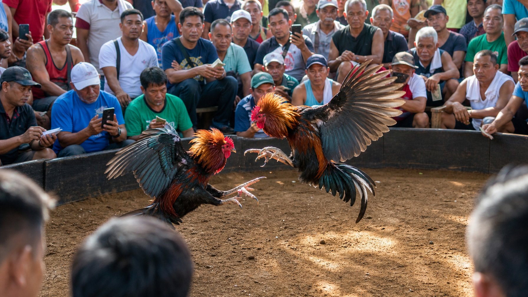 Dua ayam jago sedang bertarung di arena sabung ayam dengan penonton yang memperhatikan pertandingan.