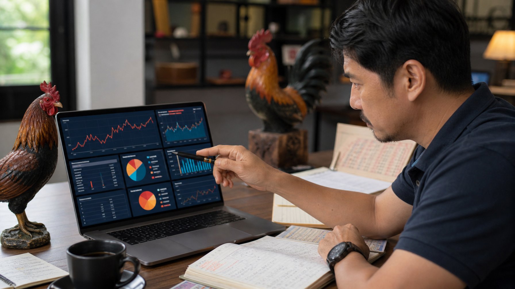 Seorang pria sedang menganalisis strategi taruhan sabung ayam di depan laptop di ruang kerja modern.