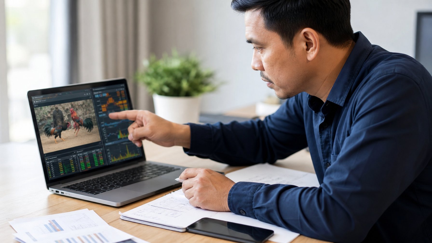 Seorang pria sedang fokus menganalisis strategi taruhan Sabung Ayam S128 di depan laptop dengan grafik dan data taruhan.