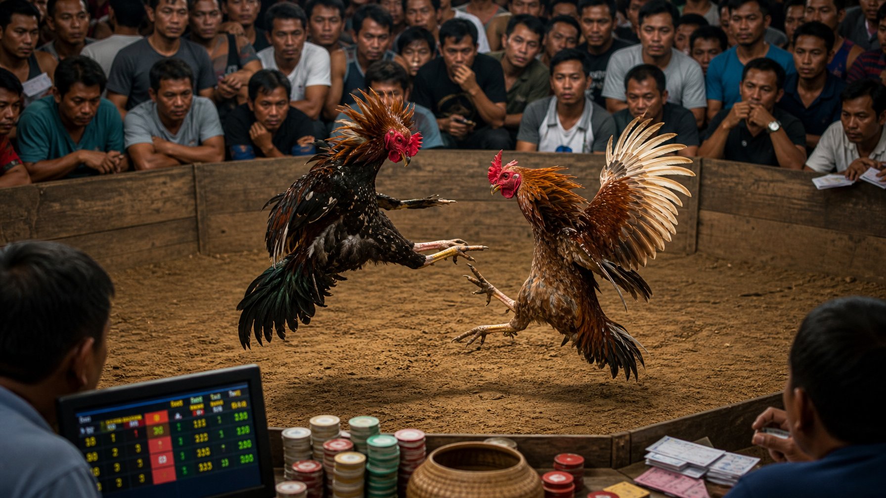 Dua ayam jago sedang bertarung dalam arena kayu dengan penonton di latar belakang yang memperhatikan dengan serius.