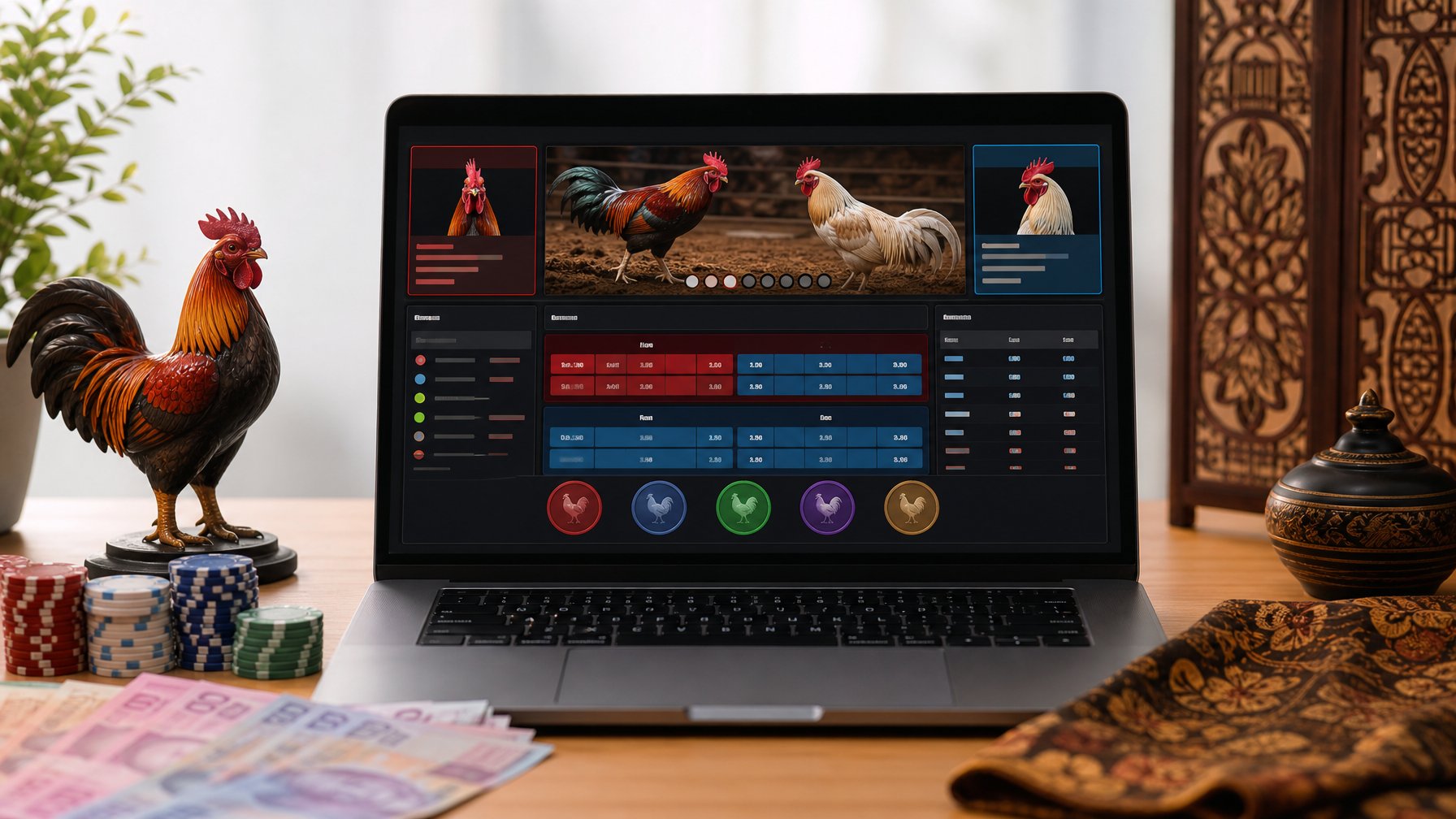 Seseorang menggunakan komputer dengan tampilan situs taruhan sabung ayam online, dikelilingi oleh elemen terkait seperti patung ayam jago dan chip taruhan.