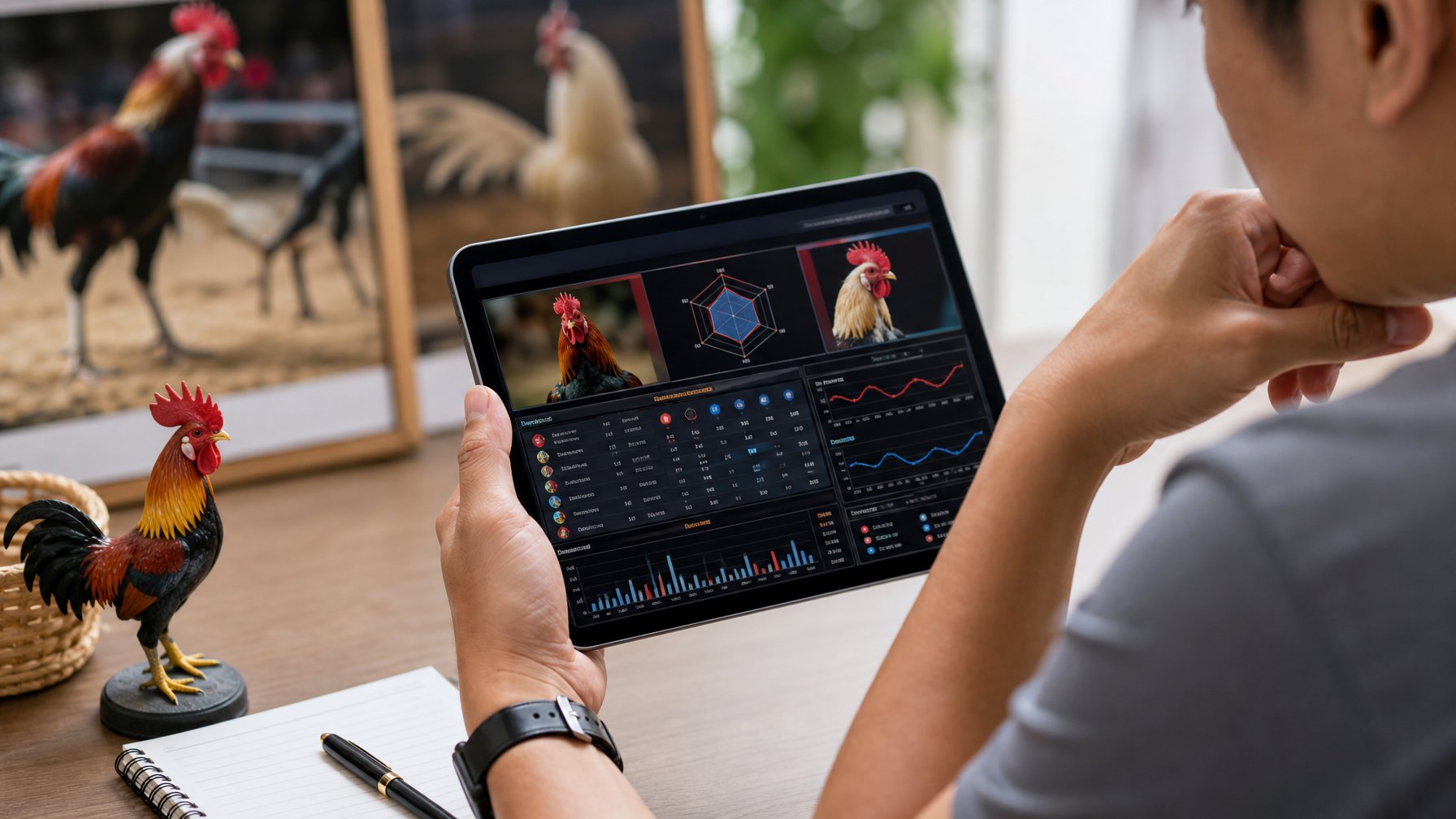 Seseorang sedang menganalisis data taruhan sabung ayam menggunakan perangkat digital di lingkungan yang rapi dan terang.