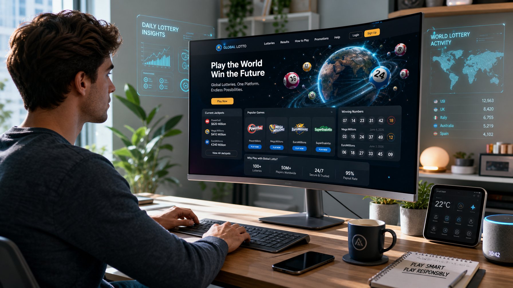 Seorang dewasa muda sedang duduk di depan komputer di ruang kerja rumah yang rapi, melihat layar dengan tampilan situs togel online futuristik.