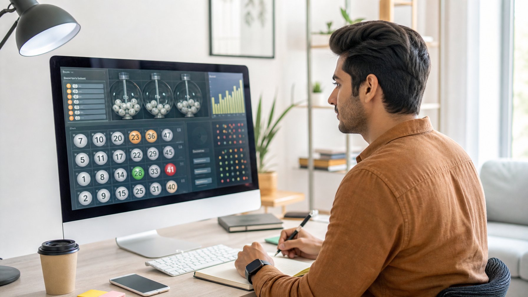 Seorang dewasa muda duduk di meja kerja modern dengan komputer yang menampilkan antarmuka lotere digital, di ruang kerja rumah yang terang dan rapi.