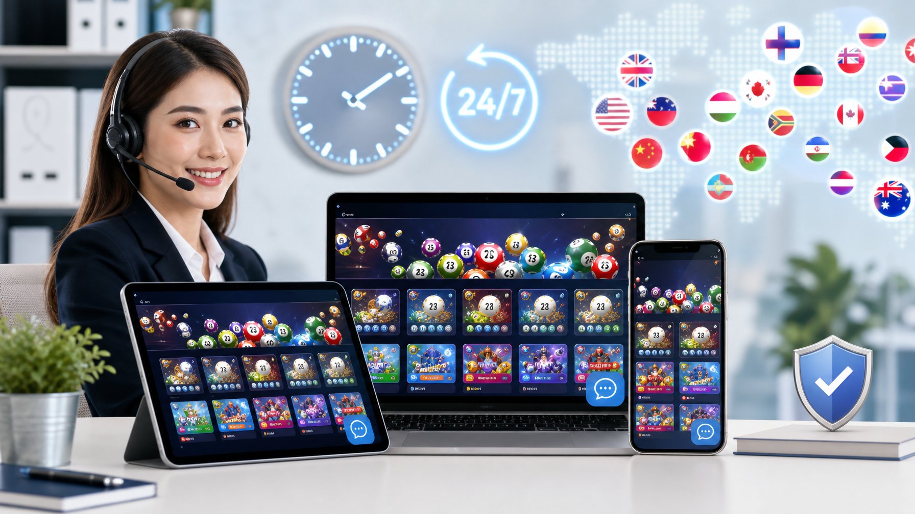 Beberapa perangkat digital menampilkan platform togel online dengan berbagai pilihan pasar dan layanan pelanggan 24 jam, di ruang kantor modern dengan perwakilan layanan pelanggan yang memakai headset.