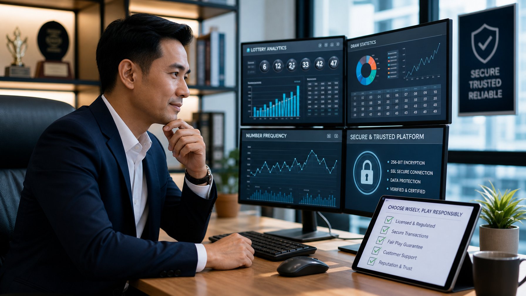 Seorang profesional duduk di meja kantor modern dengan beberapa layar komputer menampilkan data dan grafik, sedang menganalisis informasi dengan serius.