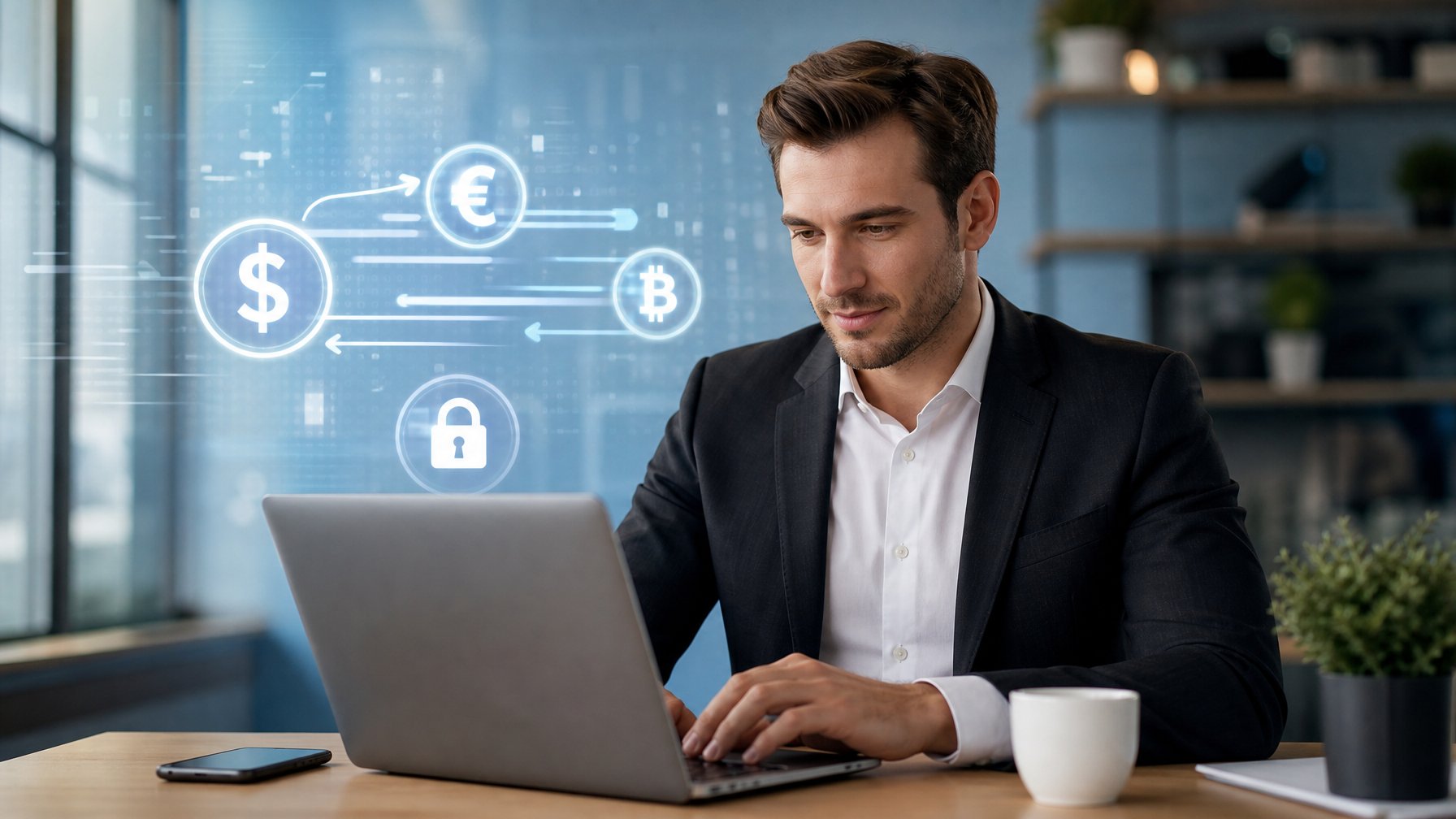 Seorang profesional menggunakan laptop di ruang kantor modern dengan ikon keuangan digital yang melambangkan proses deposit dan penarikan cepat.