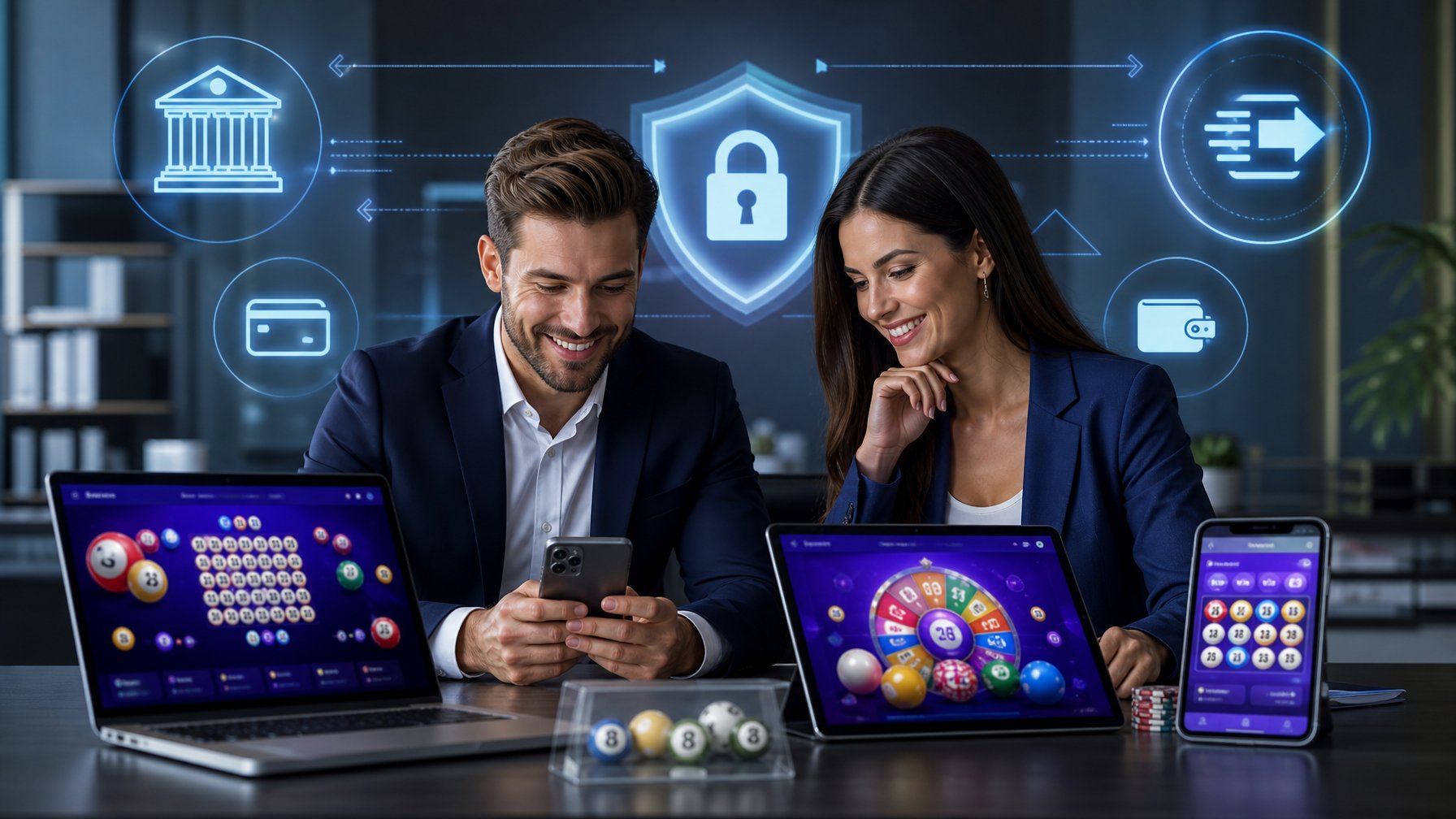 Seorang pria dan wanita yang percaya diri duduk di meja dengan perangkat digital menunjukkan aktivitas judi online yang aman dan cepat.