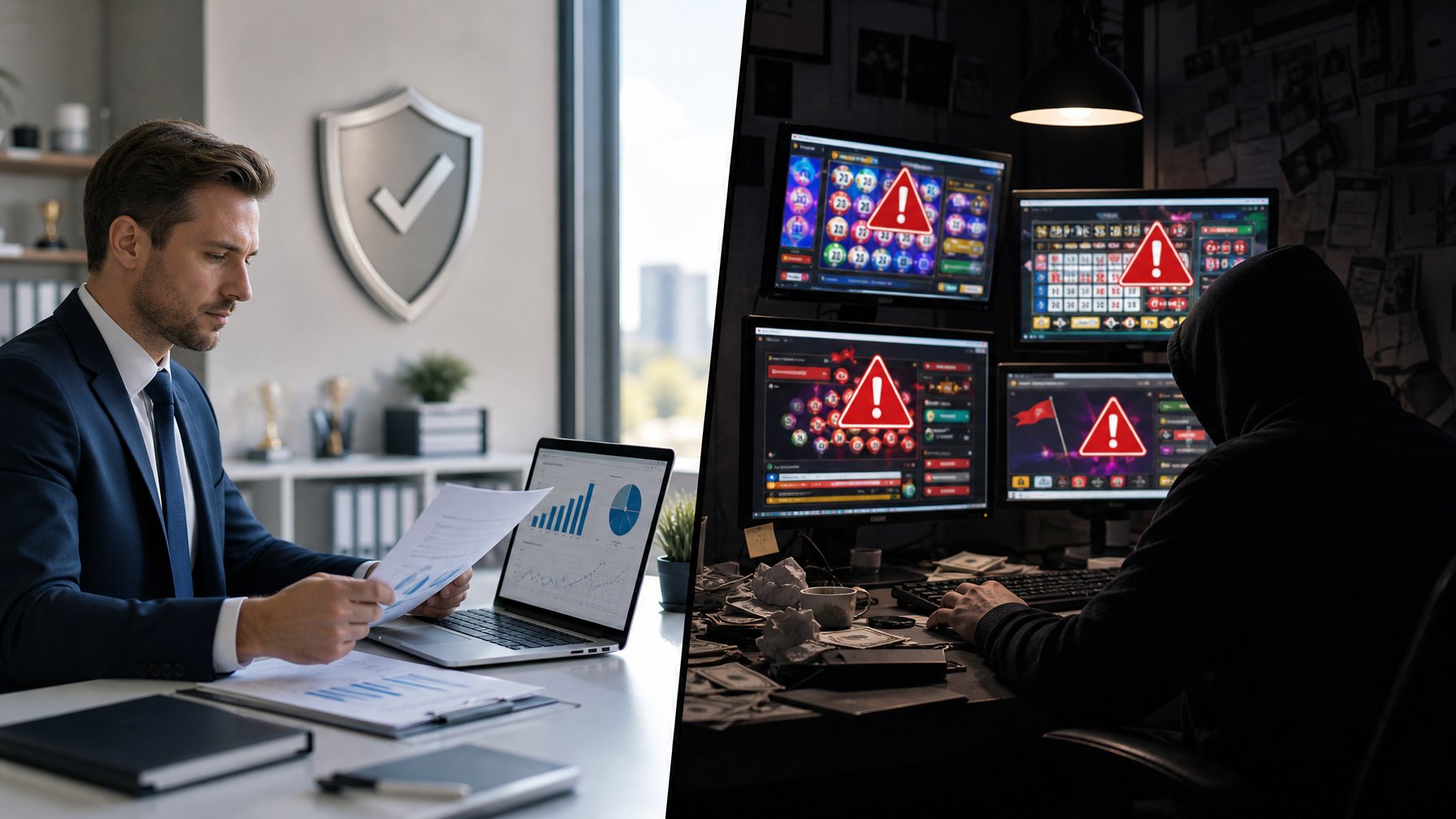 Dua sisi yang menunjukkan perbedaan antara platform togel resmi yang terpercaya dengan situs togel yang tidak kredibel.