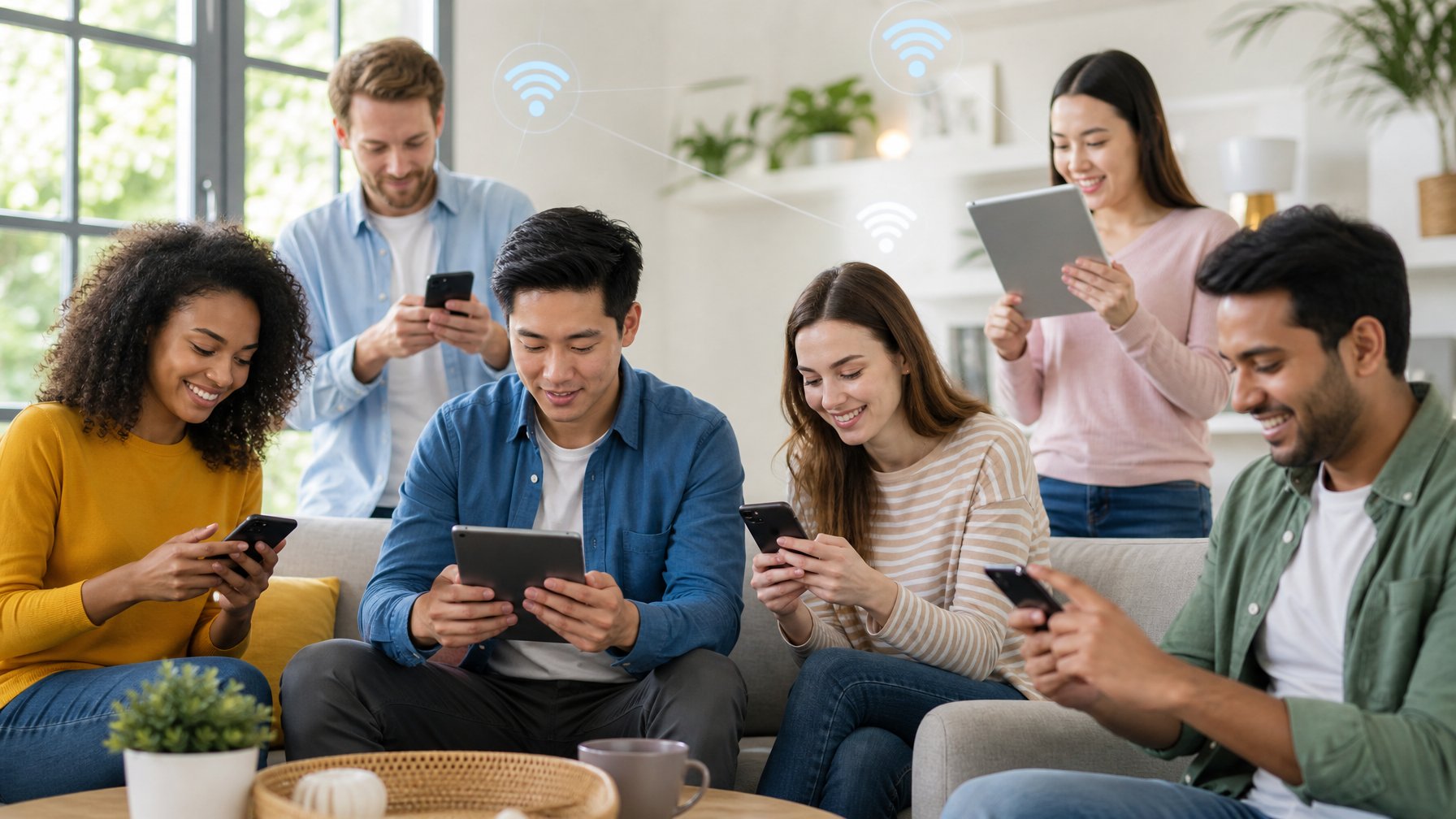 Orang-orang menggunakan ponsel dan tablet di ruang yang terang dan nyaman, mengakses platform lotere online dengan antarmuka yang mudah digunakan.