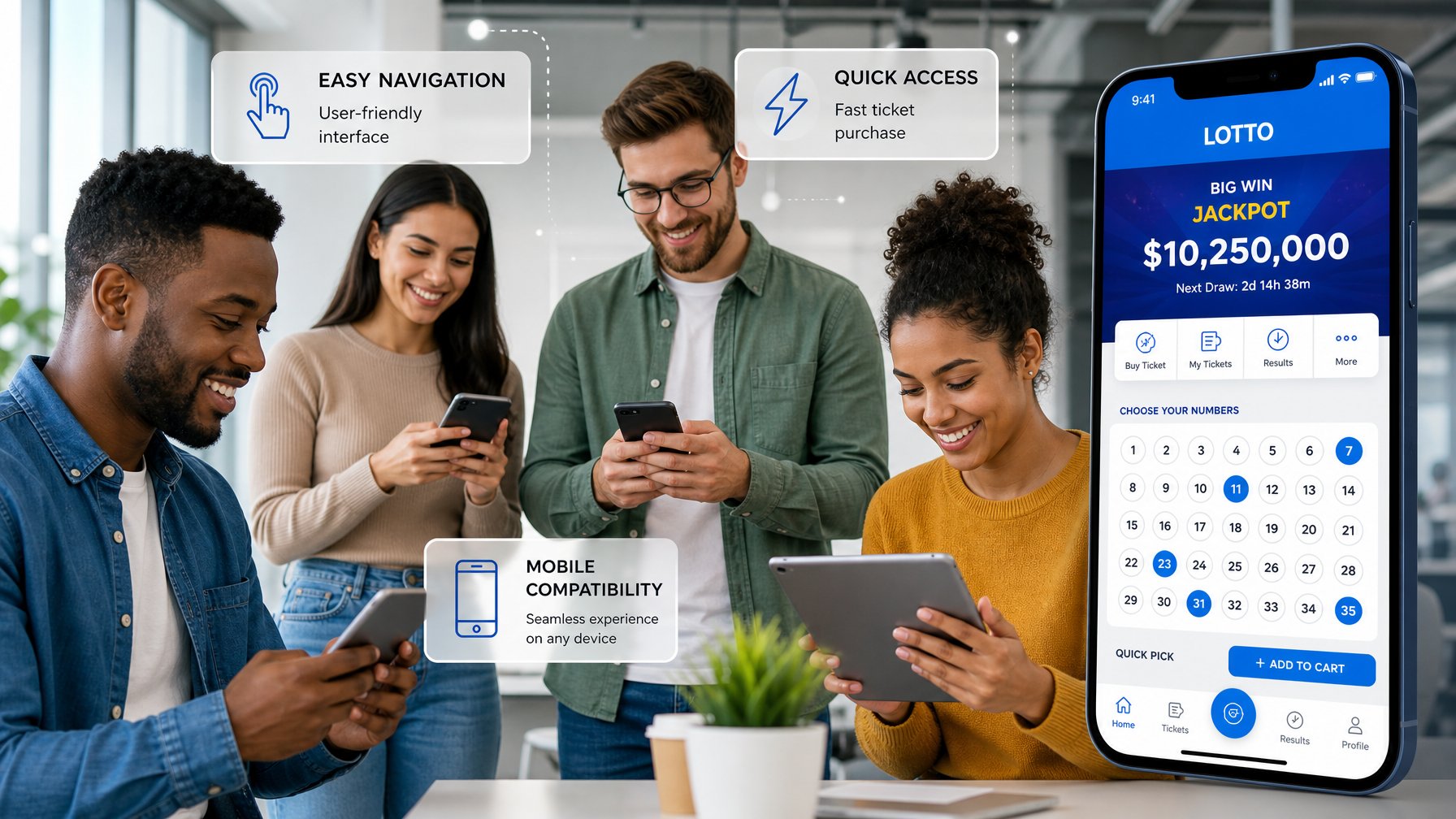 Sekelompok orang muda menggunakan ponsel dan tablet dengan antarmuka aplikasi lotere online yang mudah digunakan di lingkungan kantor yang terang.