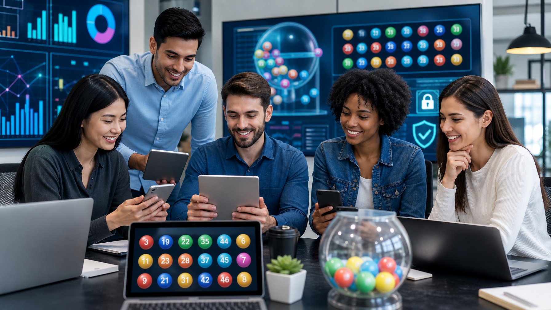 Sekelompok orang muda sedang menggunakan perangkat digital di kantor modern untuk memilih platform togel secara bersama-sama.