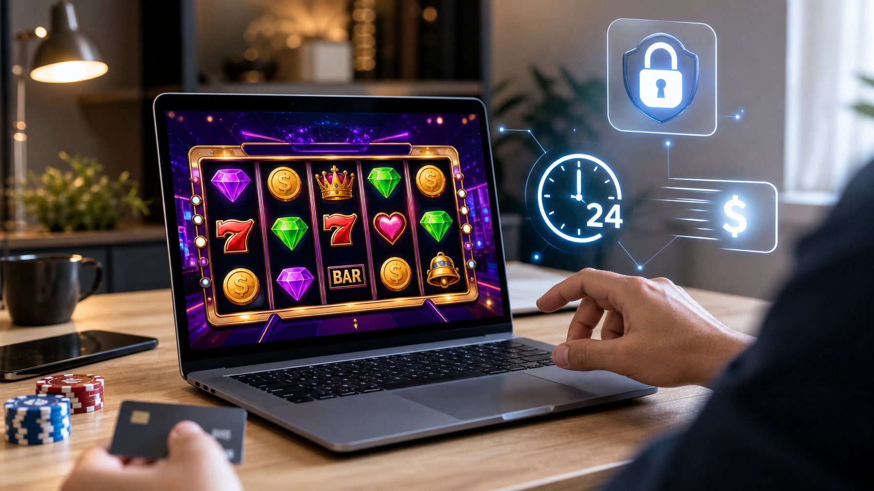 Seseorang menggunakan laptop dengan tampilan permainan slot online yang berwarna-warni di layar, di ruang kerja yang terang dan rapi.