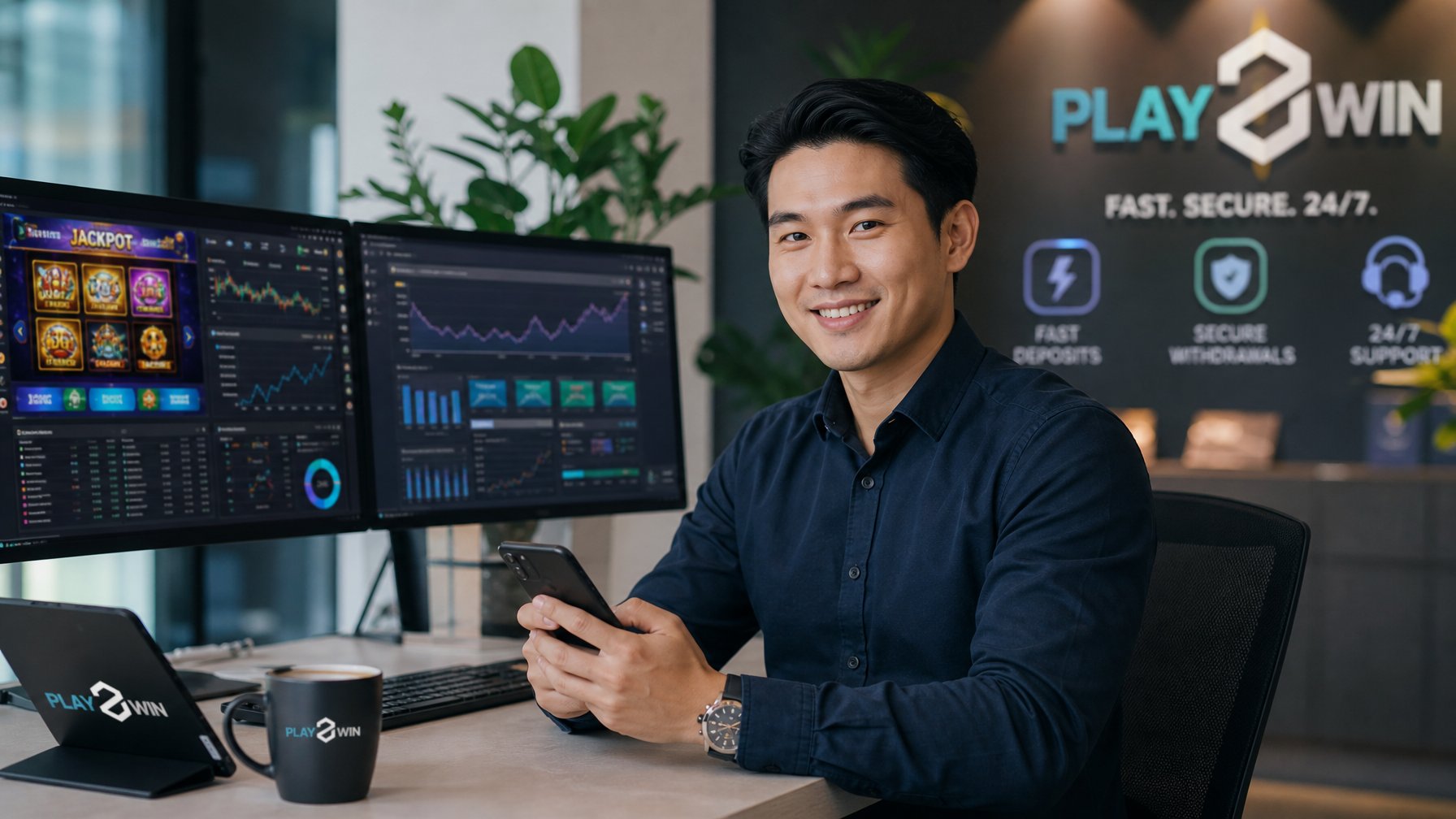 Seorang pria Asia duduk di meja dengan beberapa layar komputer yang menampilkan permainan slot dan grafik keuangan, menggunakan ponsel dengan senyum di wajahnya di sebuah kantor modern.