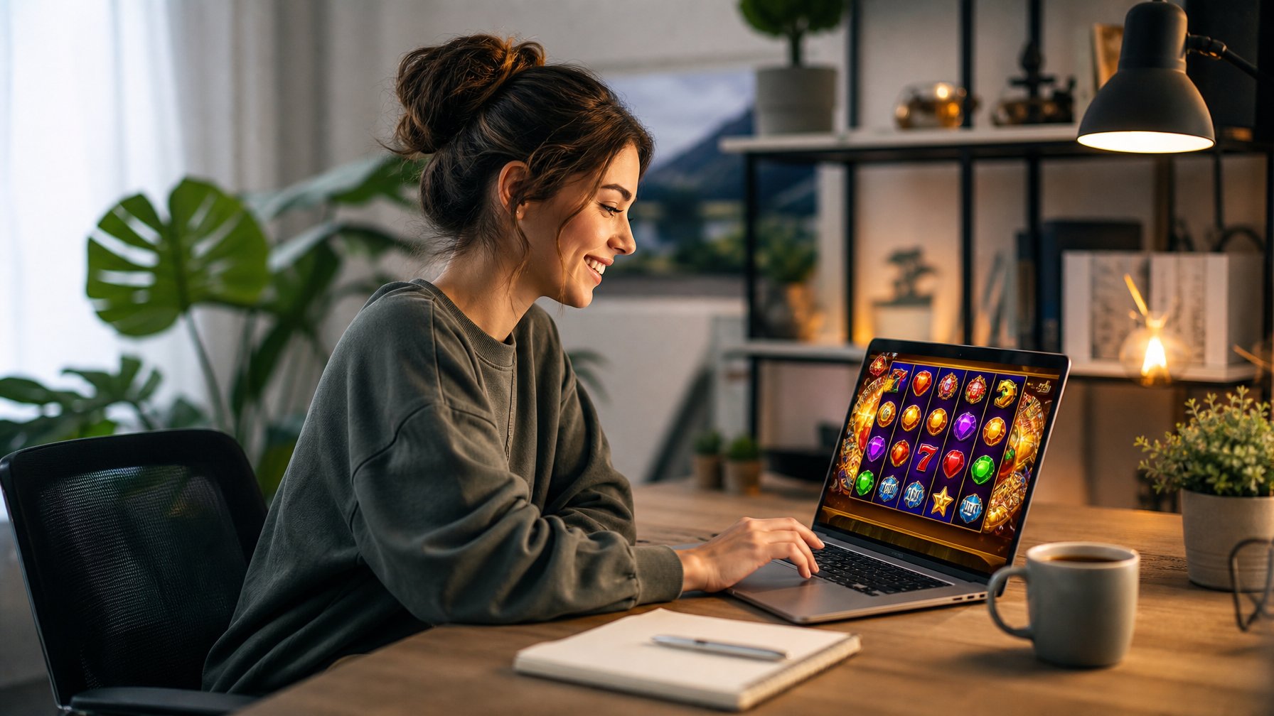 Seorang pemuda duduk di meja komputer modern dengan laptop yang menampilkan grafik permainan slot berwarna-warni, di ruang kerja rumah yang terang dan nyaman.