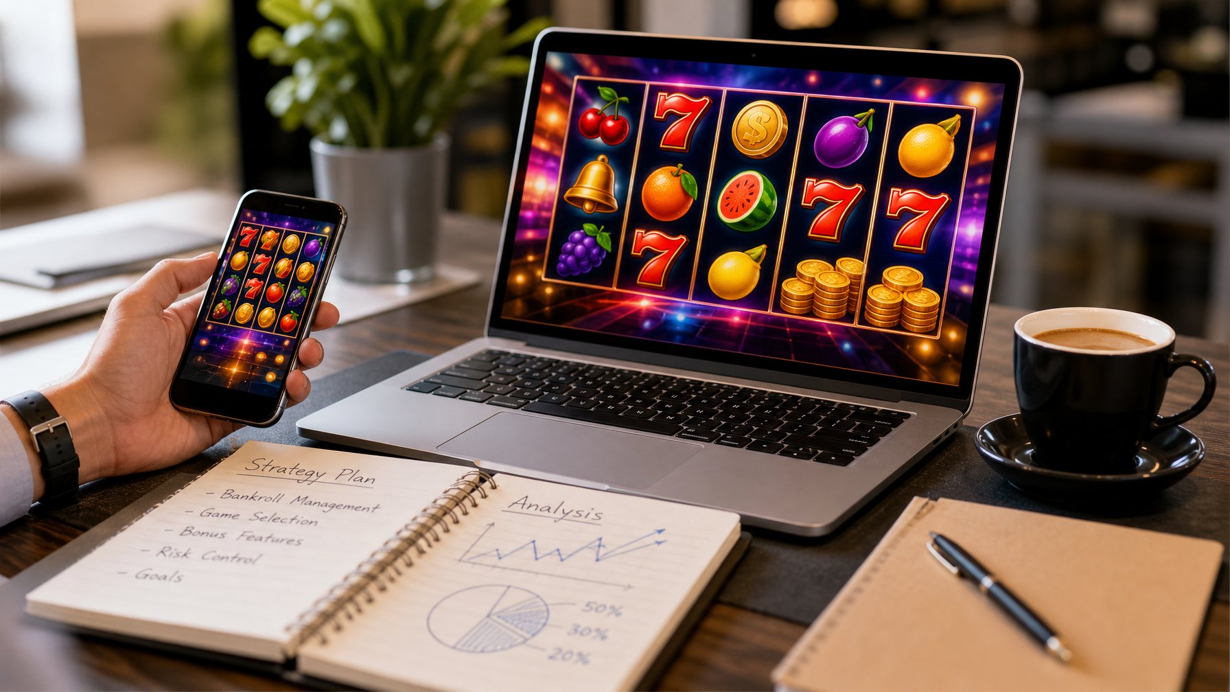 Meja kerja dengan laptop menampilkan permainan slot online, tangan memegang ponsel dengan tampilan permainan slot, buku catatan, dan secangkir kopi.