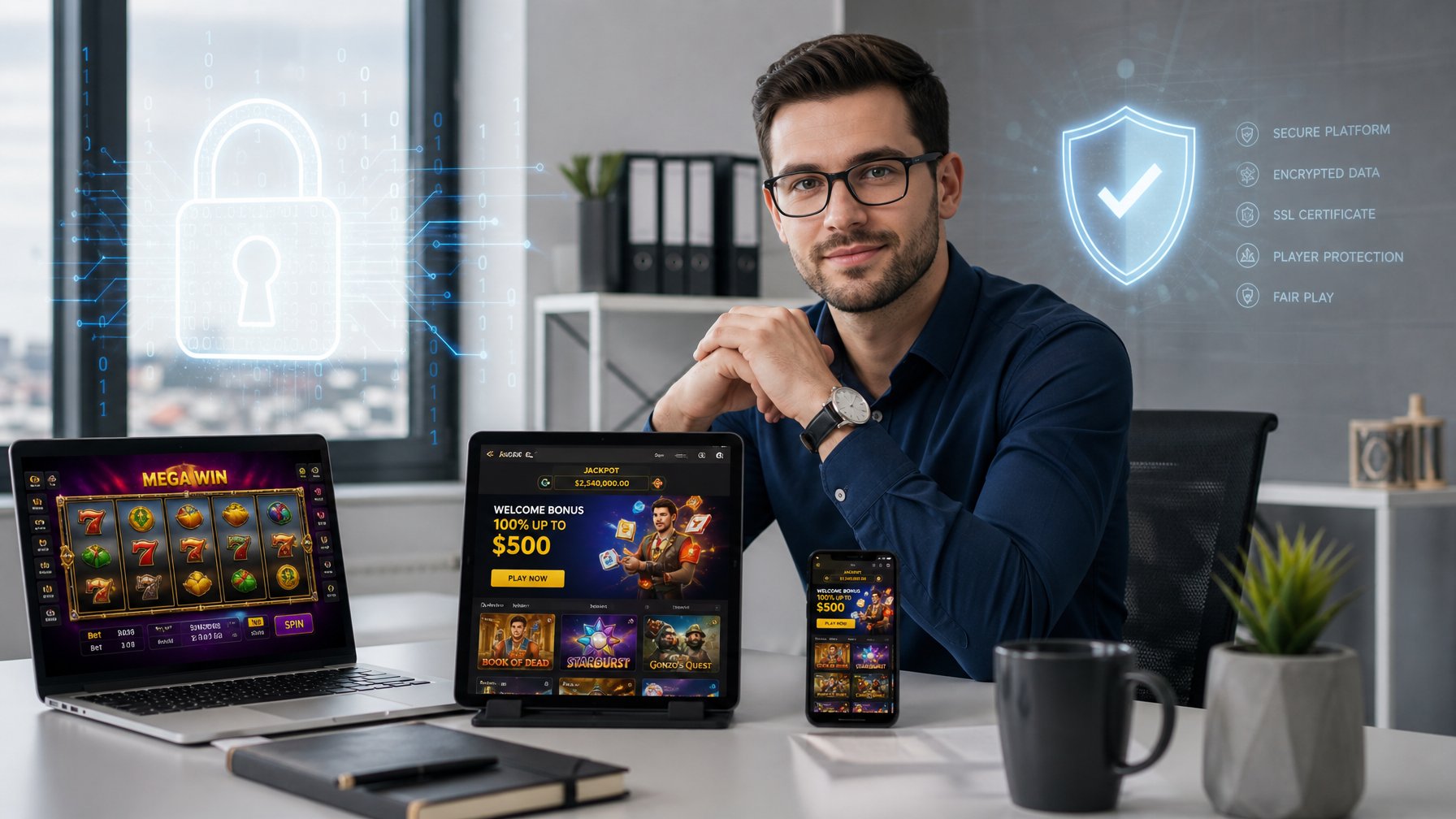 Seorang profesional duduk di meja dengan perangkat digital yang menampilkan permainan slot online dan simbol keamanan digital di latar belakang.