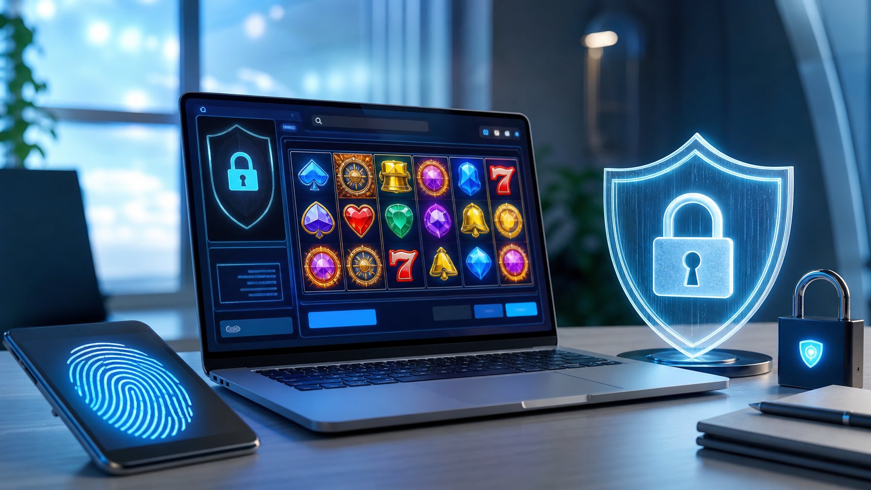 Seorang profesional menggunakan laptop dengan ikon keamanan digital dan simbol slot online di layar, menunjukkan keamanan dalam bermain slot online.