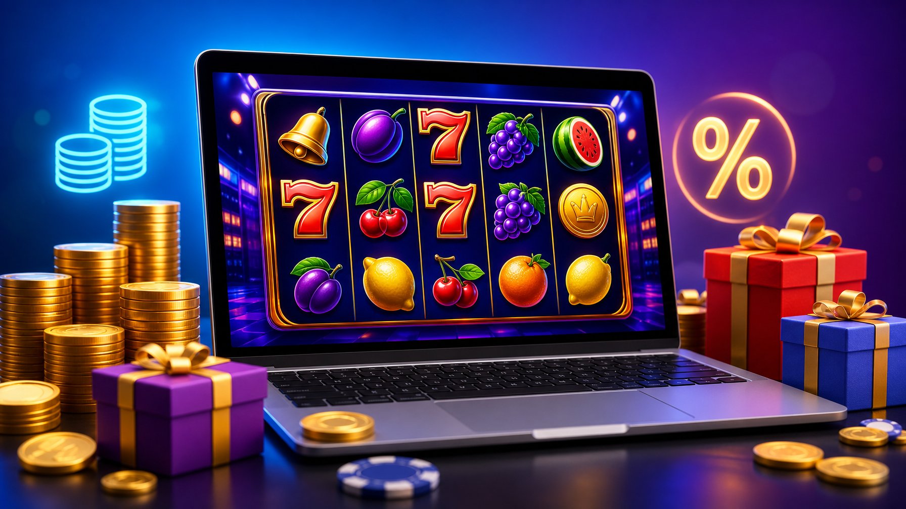 Seorang pengguna sedang bermain permainan slot online di komputer dengan ikon permainan warna-warni dan simbol bonus di sekitarnya.