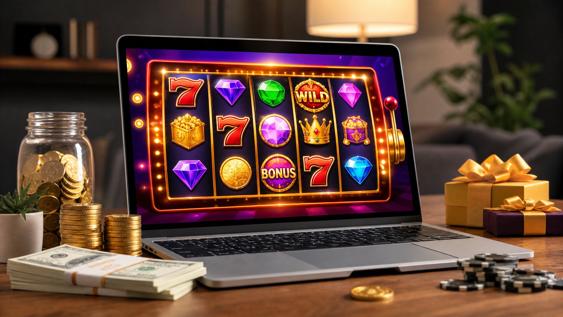 Seseorang menggunakan laptop atau ponsel menampilkan permainan slot online dengan simbol koin dan hadiah di sekitarnya.