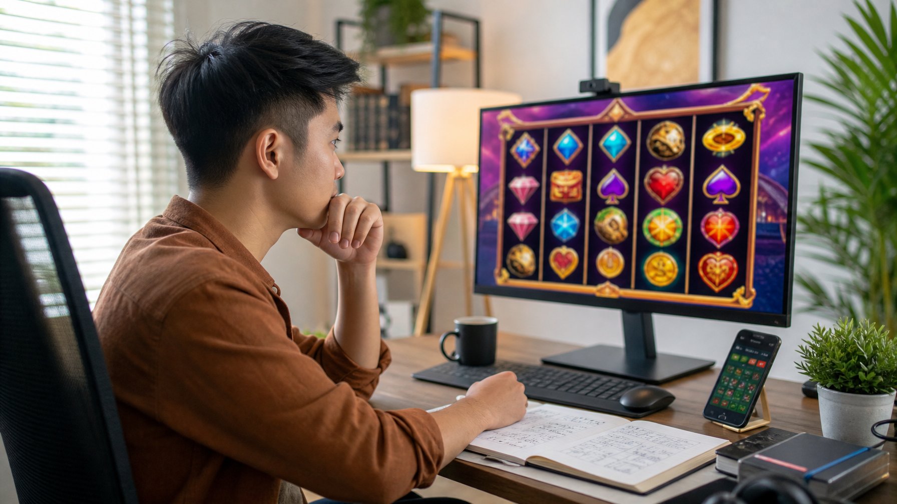 Seorang dewasa muda sedang duduk di depan komputer dengan permainan slot online yang berwarna-warni di layar, di meja terdapat smartphone, buku catatan, dan secangkir kopi.