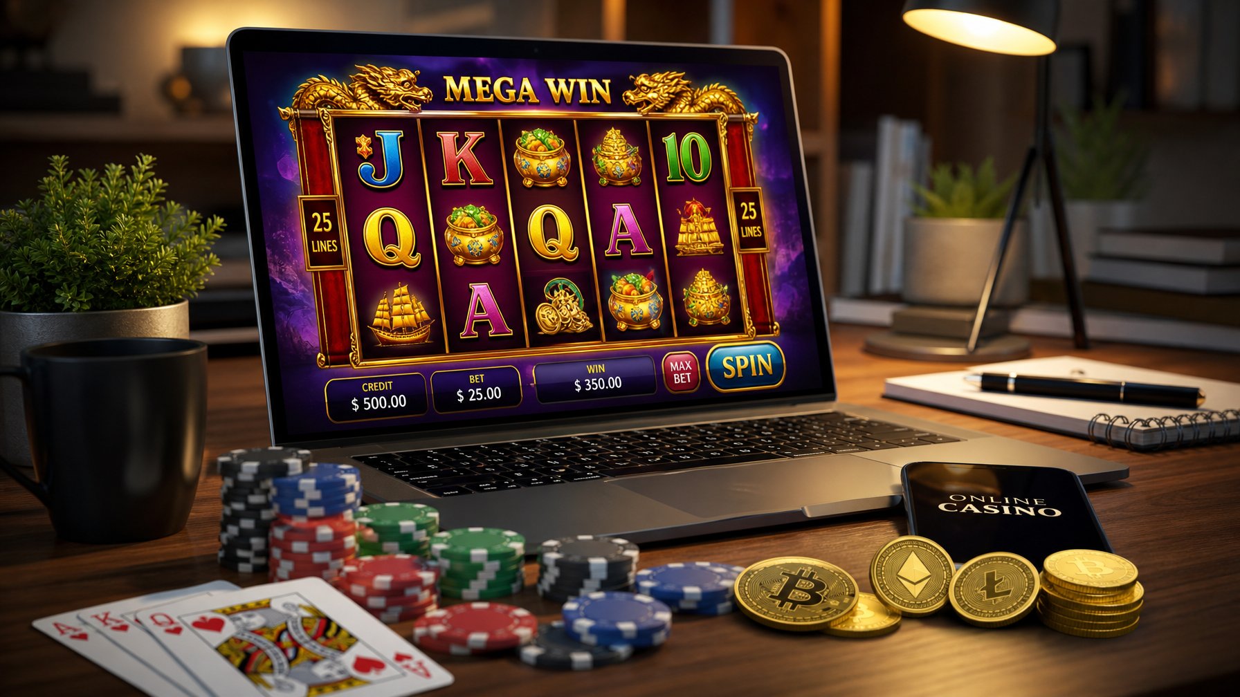 Seorang pemain sedang menggunakan komputer dengan permainan mesin slot online di layar, di meja terdapat chip poker dan kartu remi.
