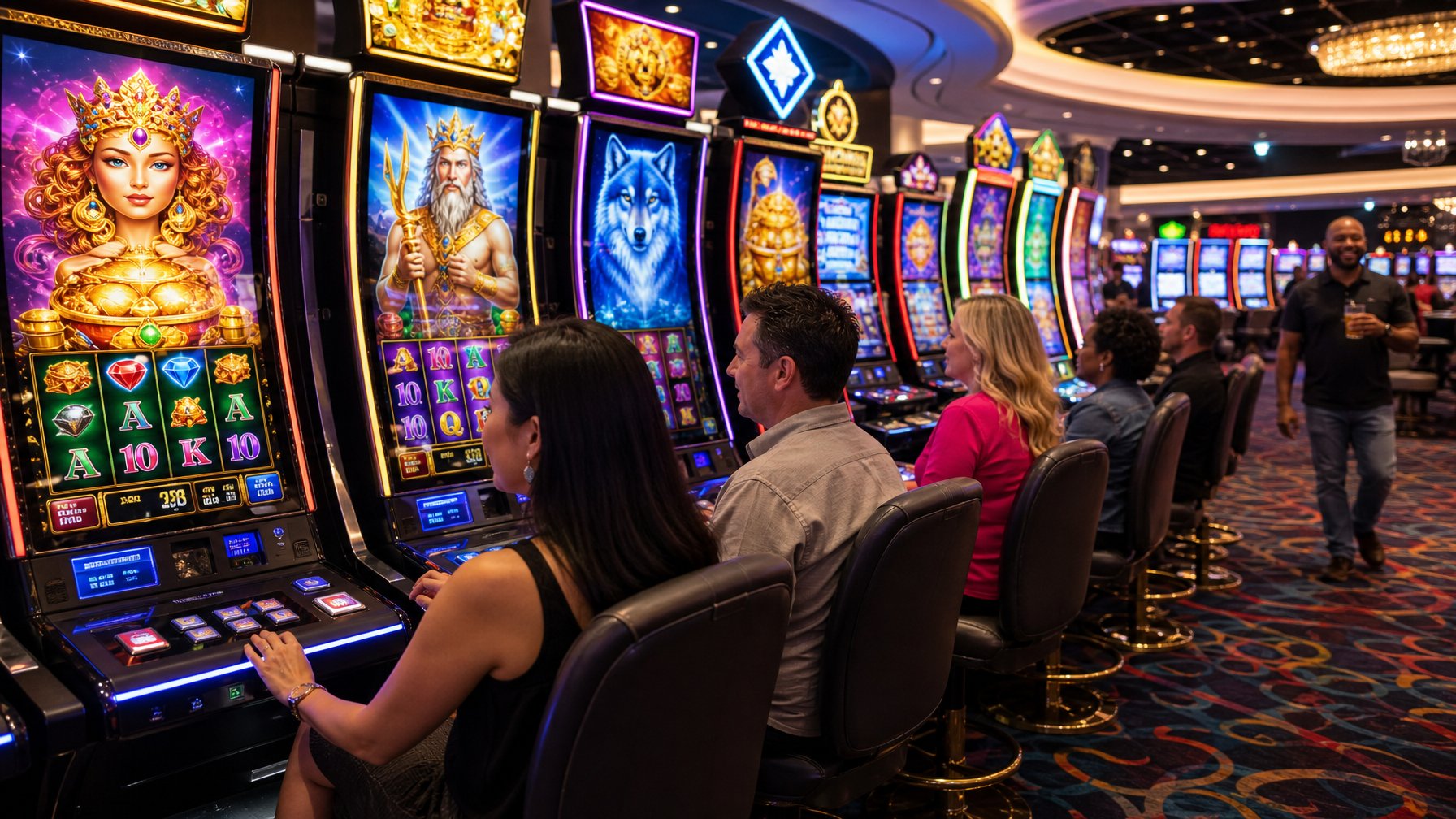 Orang-orang bermain mesin slot berwarna-warni di dalam kasino yang terang dan modern.