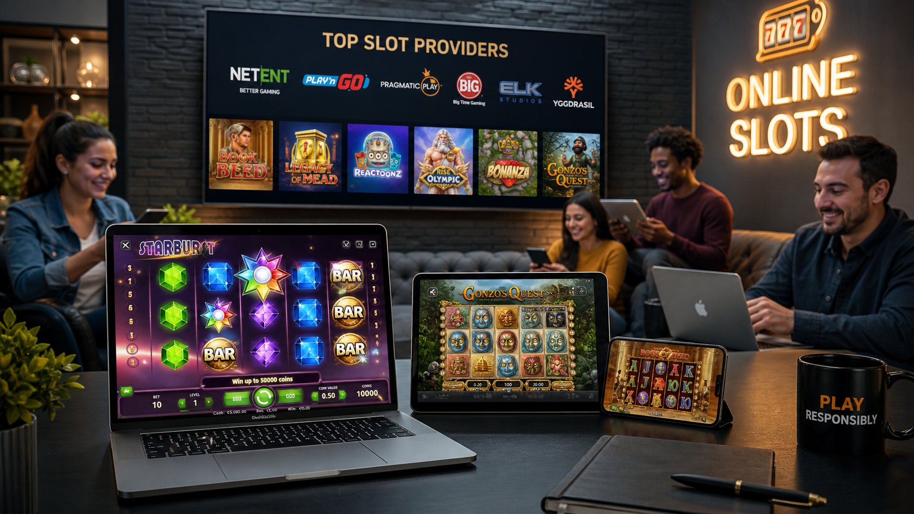 Suasana modern dengan beberapa orang bermain game slot online di layar komputer dan perangkat mobile dalam ruang yang terang dan profesional.