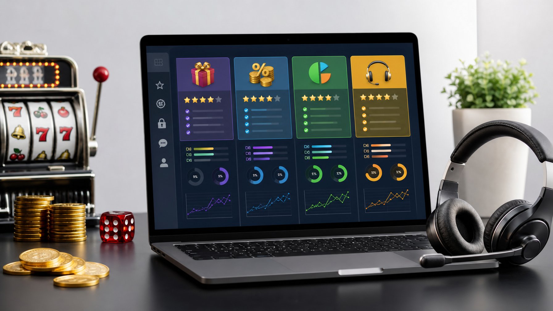 Seseorang menggunakan laptop dengan grafik perbandingan data slot online dan ikon terkait di sekitar meja kerja.