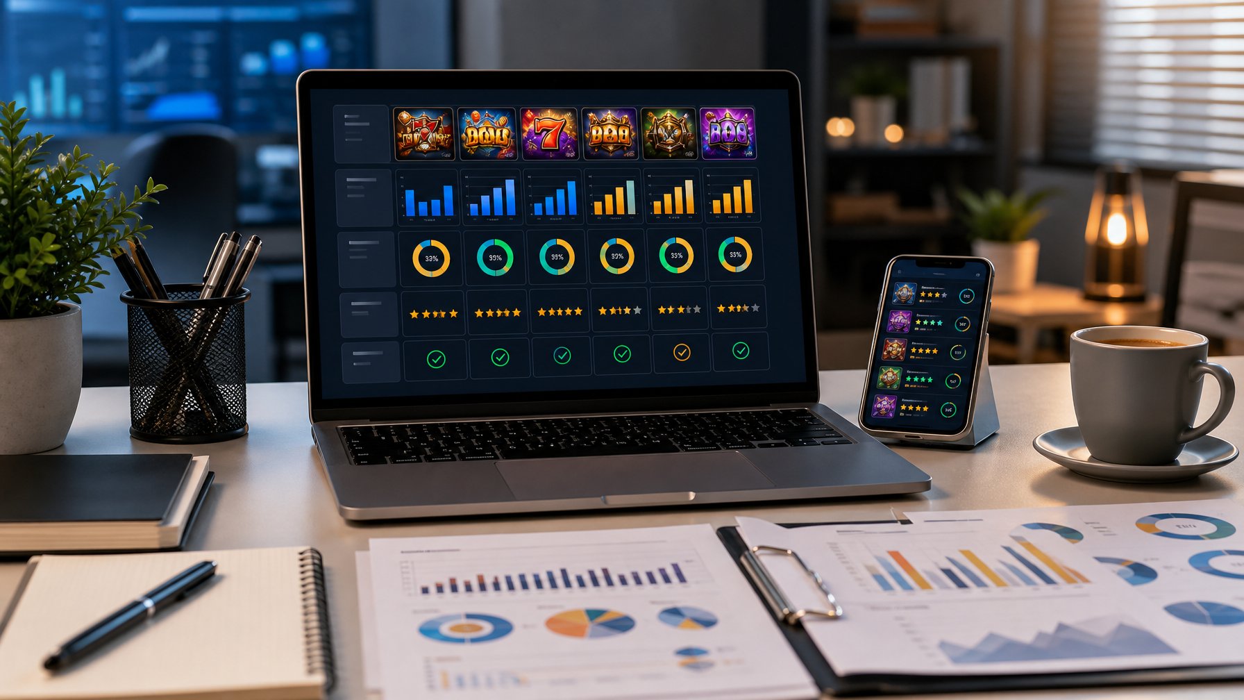 Seorang profesional sedang membandingkan data bonus, RTP, dan layanan pelanggan bandar slot online menggunakan laptop di meja kerja yang rapi.