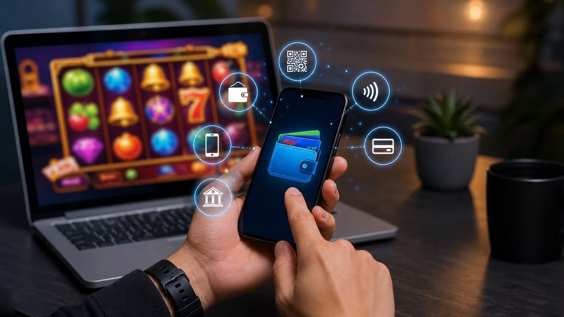 Seorang pengguna memegang ponsel dengan aplikasi dompet digital di meja kerja modern, dengan layar laptop menampilkan permainan slot di latar belakang.