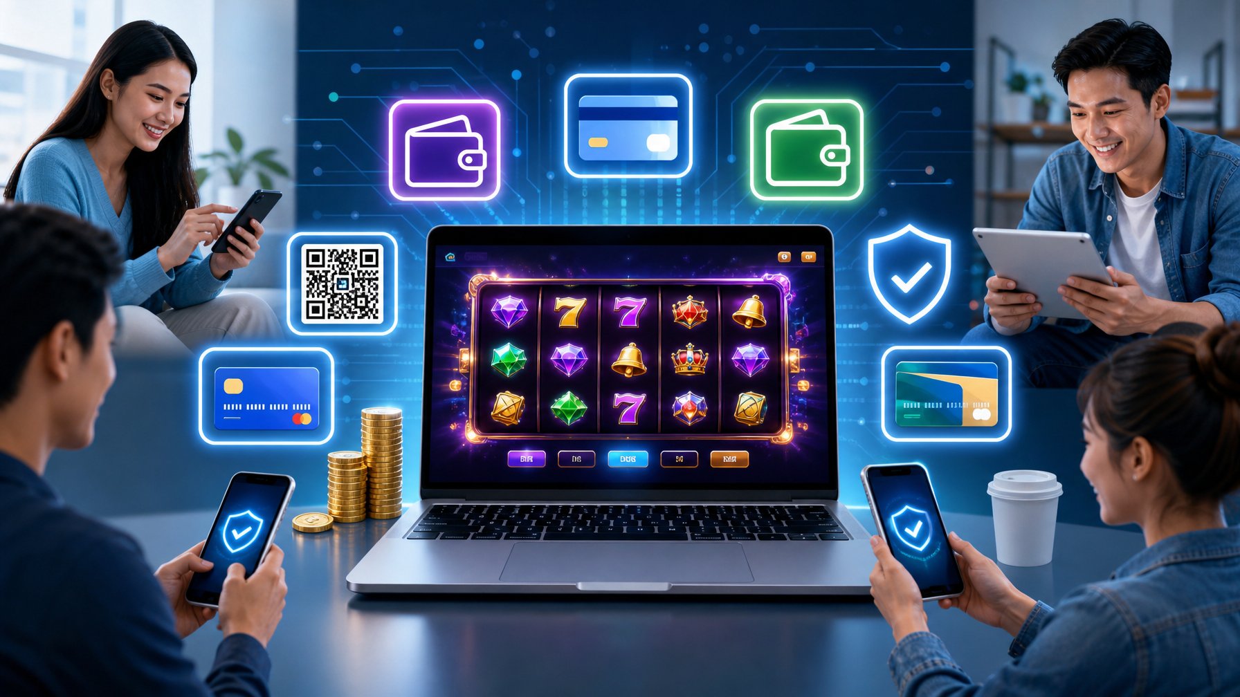 Orang-orang menggunakan perangkat digital dengan ikon metode pembayaran digital di sekitar layar komputer yang menampilkan permainan slot online.