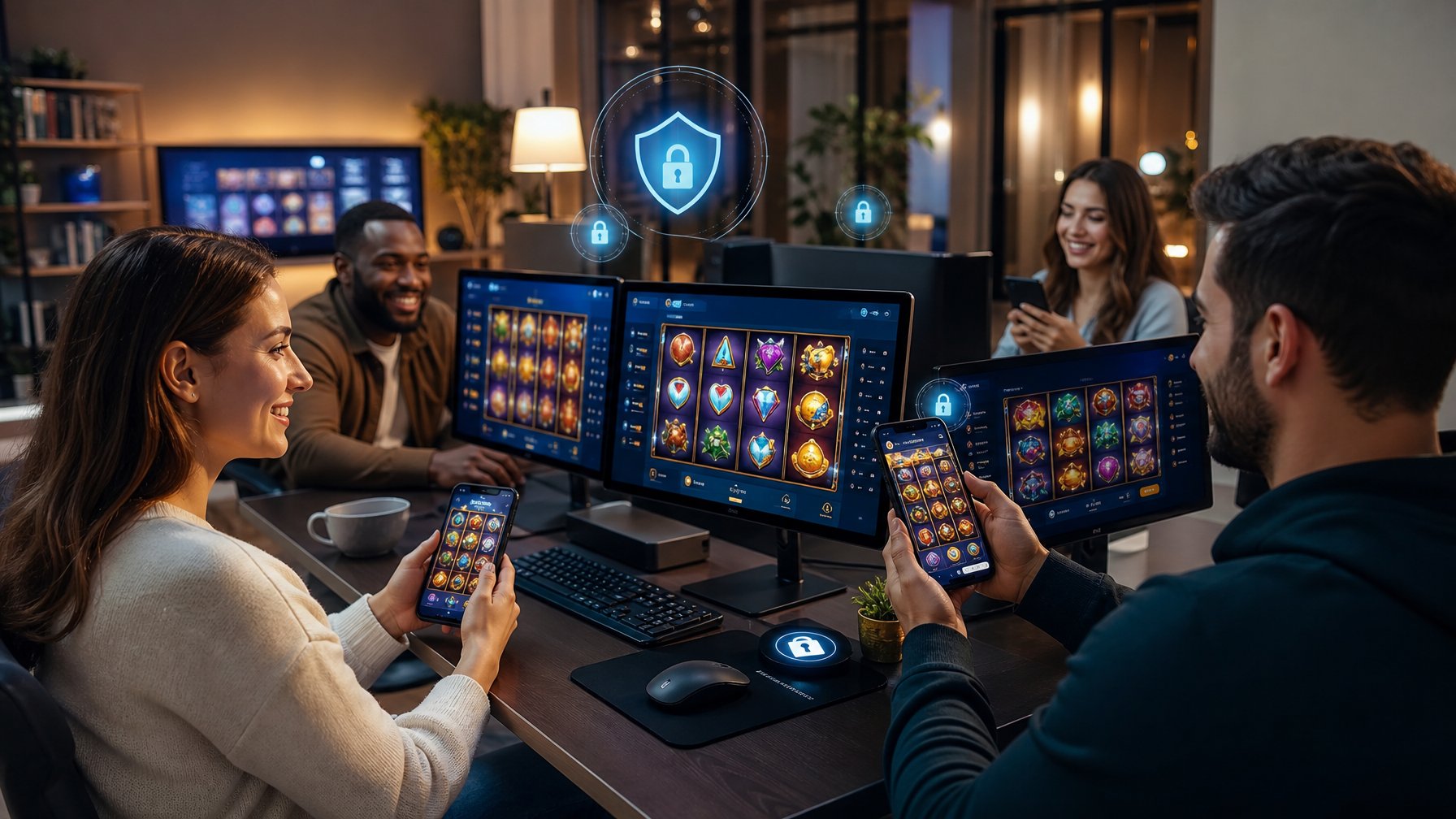 Beberapa orang sedang bermain permainan slot online dengan perangkat komputer dan ponsel di ruangan yang nyaman dan aman.