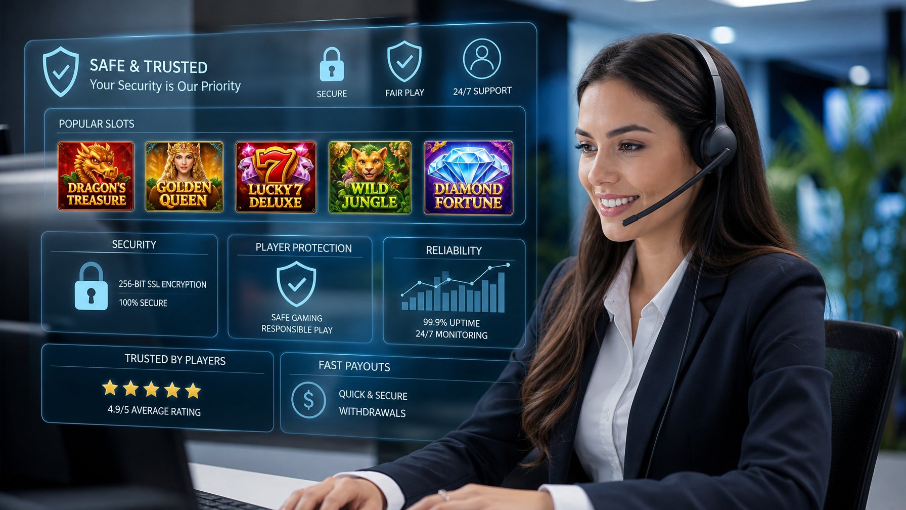 Seorang perwakilan layanan pelanggan tersenyum membantu pemain di depan komputer dengan latar belakang layar digital yang menampilkan ikon permainan slot dan simbol keamanan.