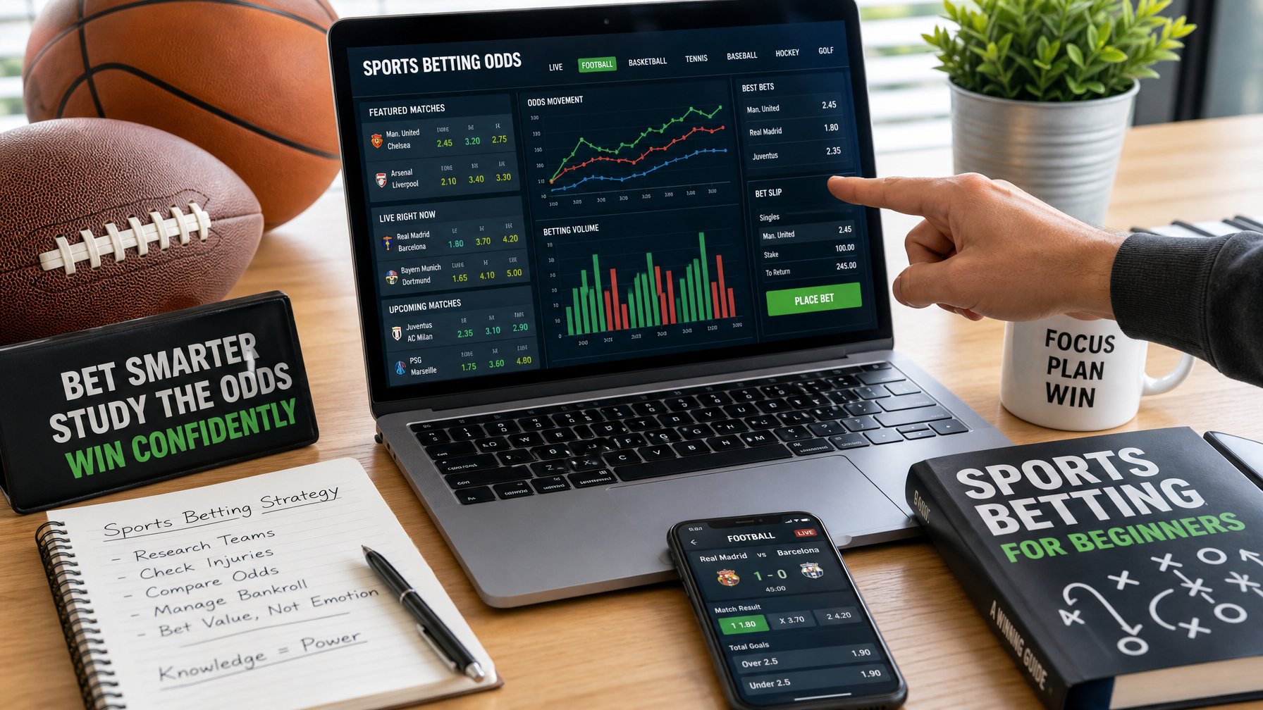 Seseorang sedang menunjuk layar laptop yang menampilkan grafik odds taruhan olahraga dengan bola sepak dan bola basket di meja kerja.