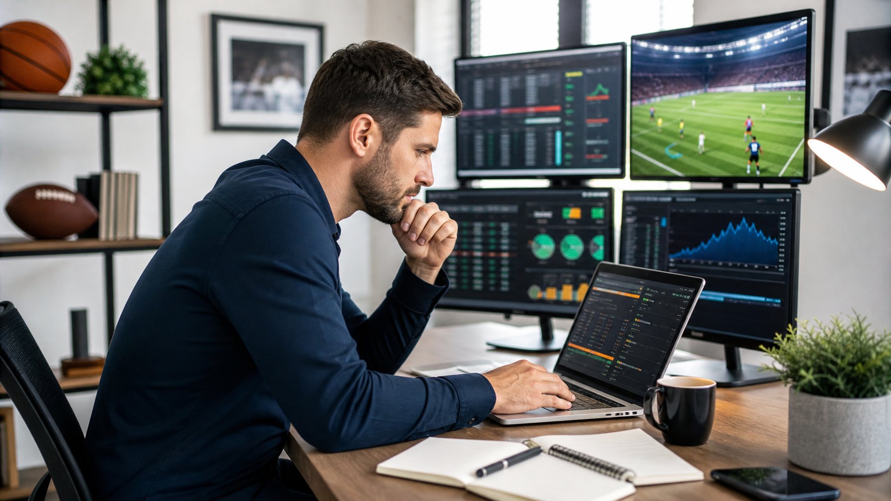 Seorang individu sedang menganalisis pilihan taruhan olahraga di laptop dengan beberapa layar menampilkan statistik dan grafik di ruangan kantor yang rapi.