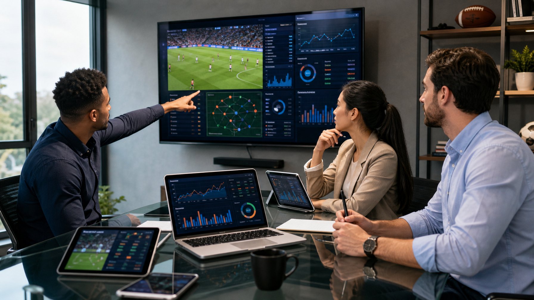 Tiga orang sedang berdiskusi dan menganalisis data pertandingan olahraga di ruang kantor modern.