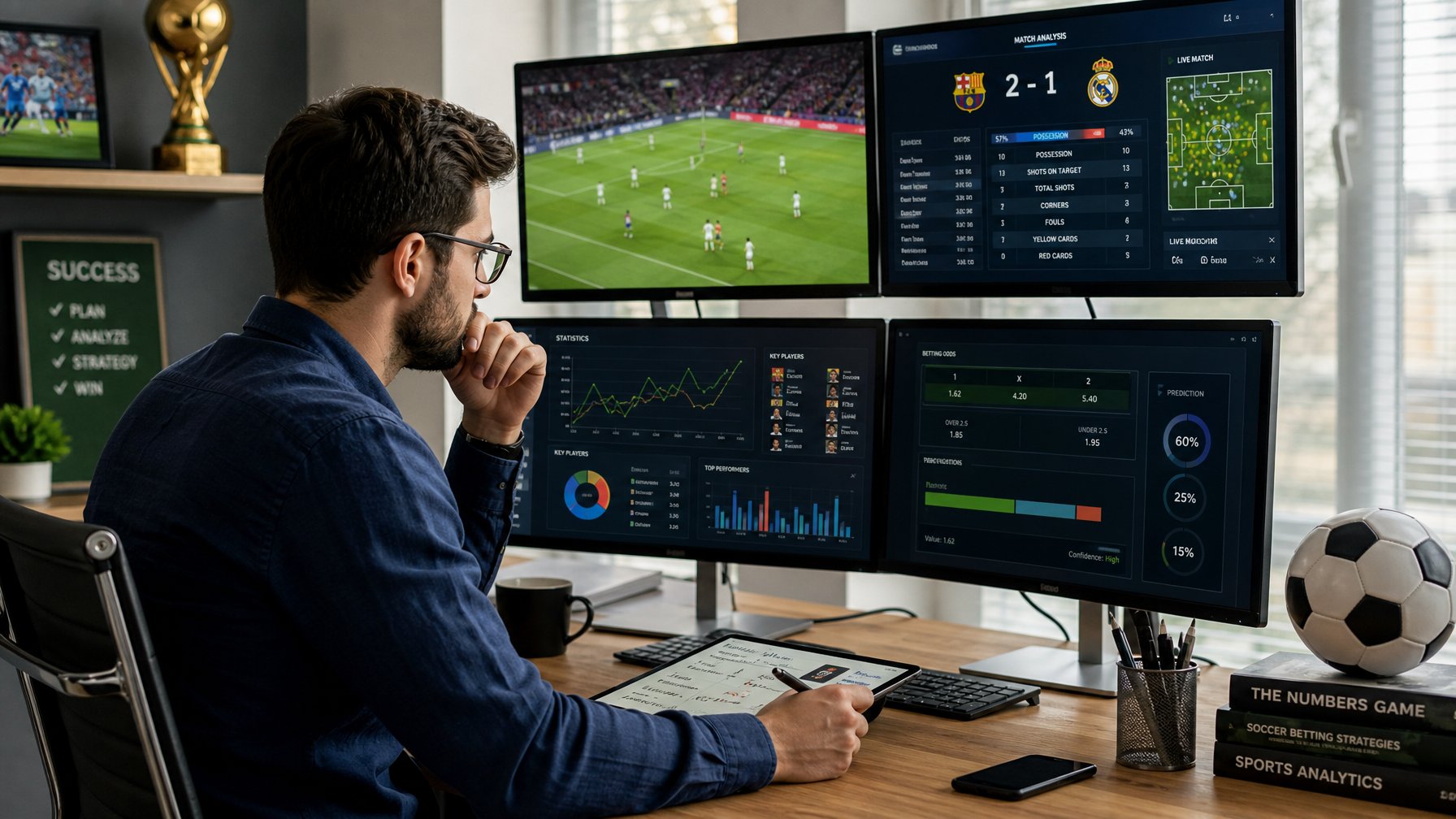 Seorang pria menganalisis data pertandingan sepak bola di depan beberapa monitor komputer di sebuah meja kerja modern.