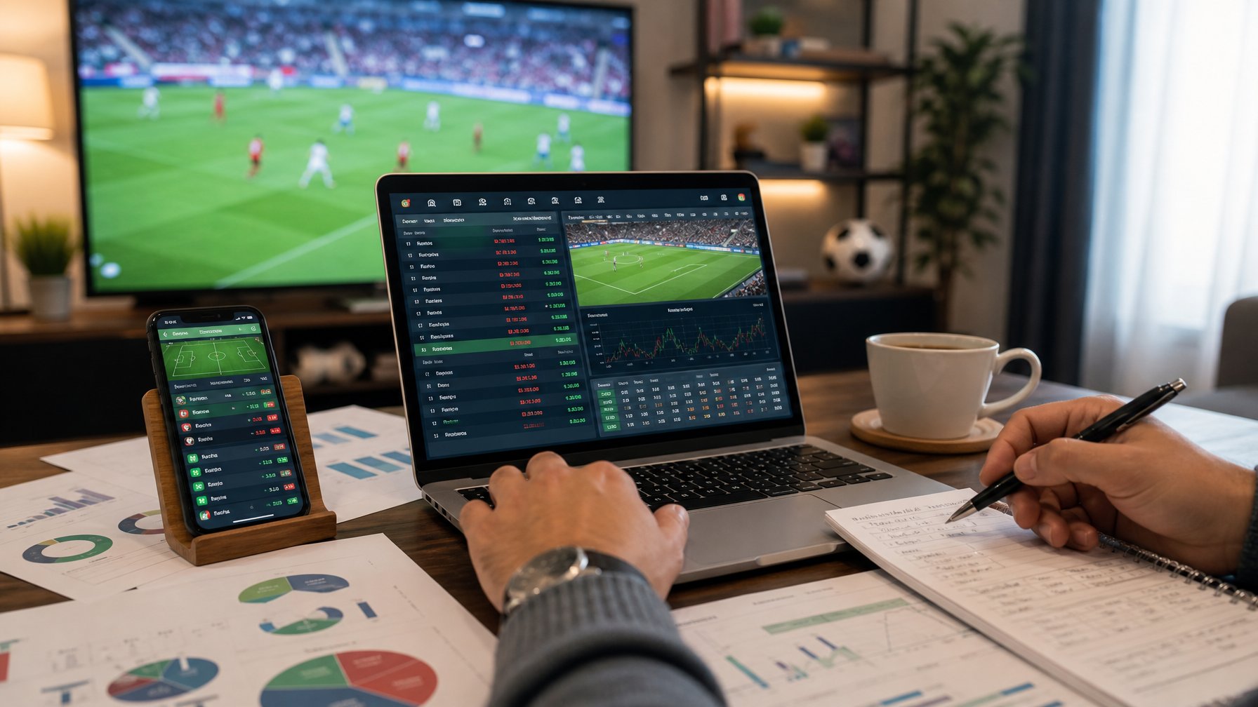 Meja kerja dengan laptop yang menampilkan statistik taruhan olahraga, ponsel dengan skor pertandingan, dan televisi yang menayangkan pertandingan sepak bola.