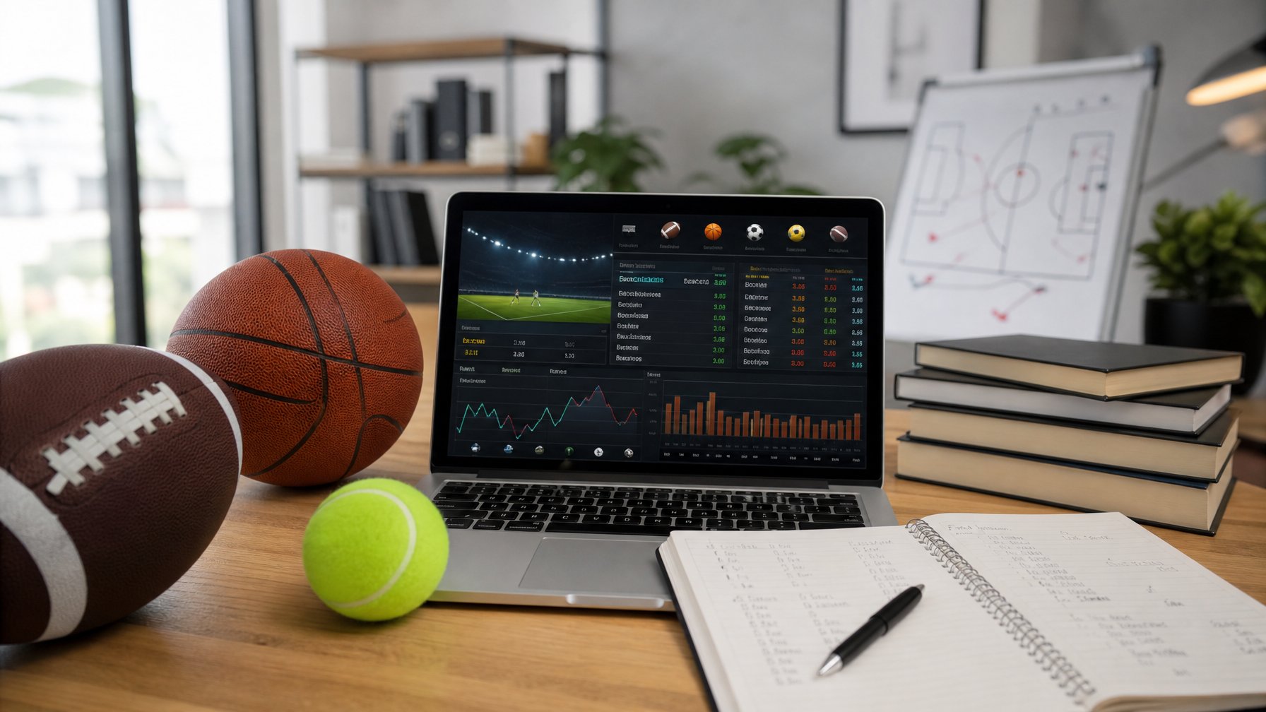 Meja kerja dengan laptop yang menampilkan statistik taruhan olahraga, bola sepak, bola basket, dan bola tenis di sekitarnya, serta buku catatan dan pena.