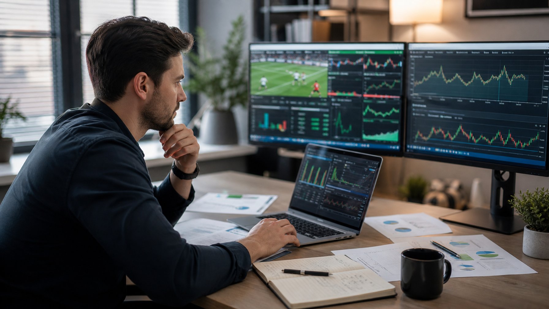 Seorang pria muda duduk di meja kerja dengan laptop dan beberapa layar menampilkan data taruhan olahraga, dikelilingi oleh dokumen dan grafik keuangan.