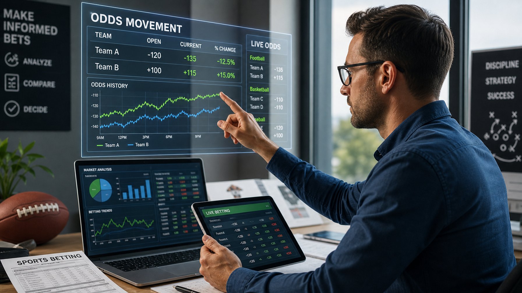 Seorang pria sedang menganalisis pergerakan odds taruhan olahraga di depan beberapa layar digital di kantor modern.