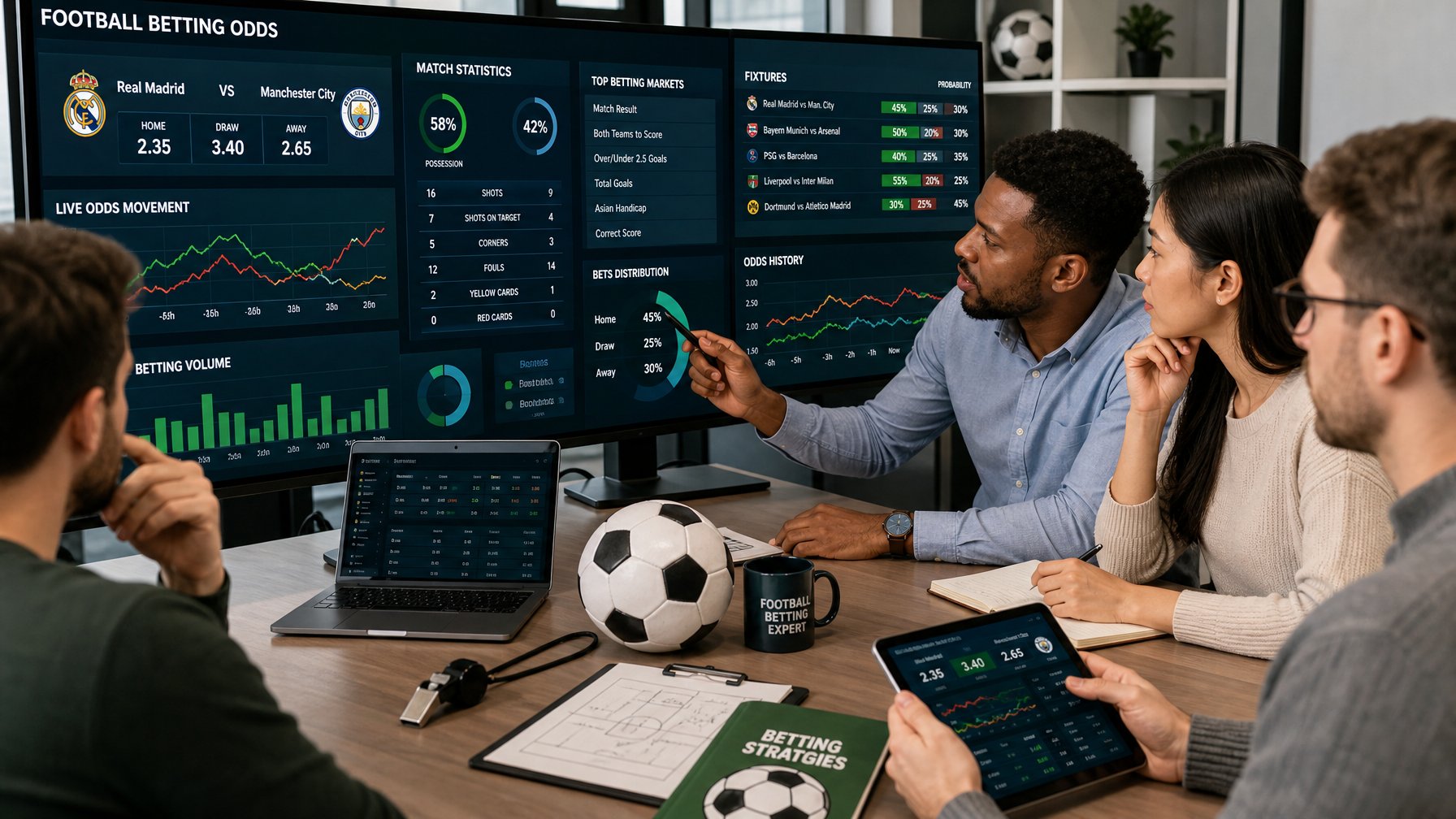 Sekelompok orang sedang berdiskusi dan menganalisis data taruhan sepak bola di depan beberapa layar komputer di sebuah kantor.